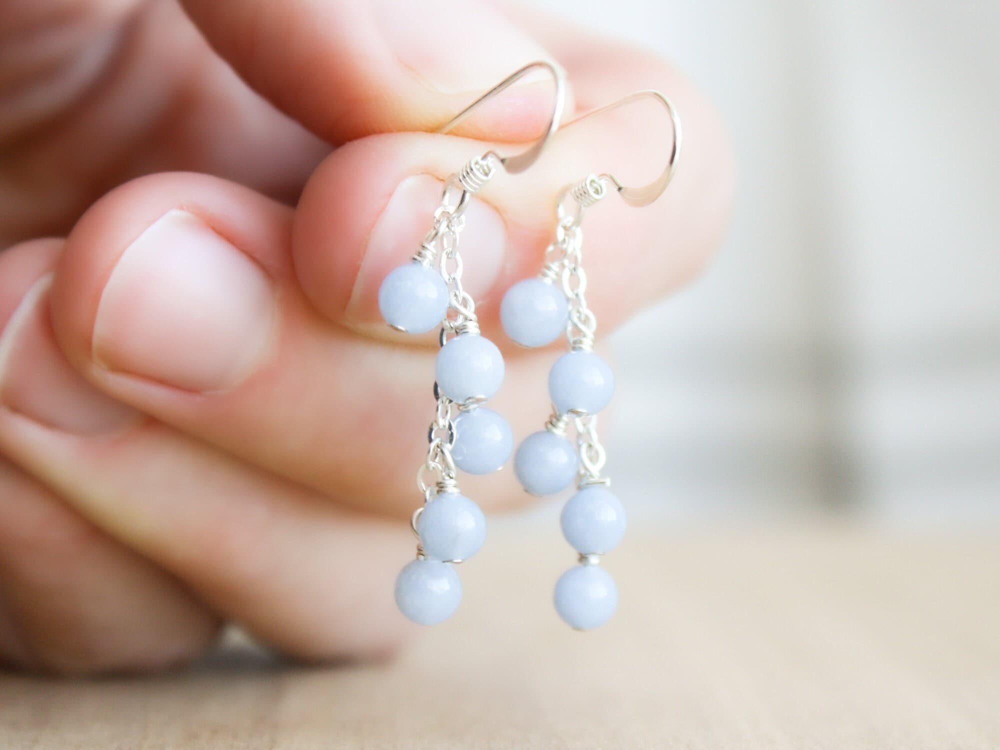 Angelite Gemstone Cluster Earrings: Sterling Silver Dainty Light Blue Earrings