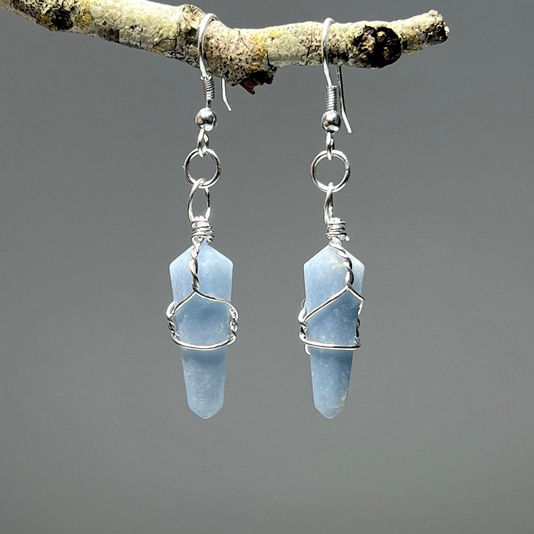 Angelite Gemstone Dangle Earrings: Silver Wire Wrapped Crystal Jewelry