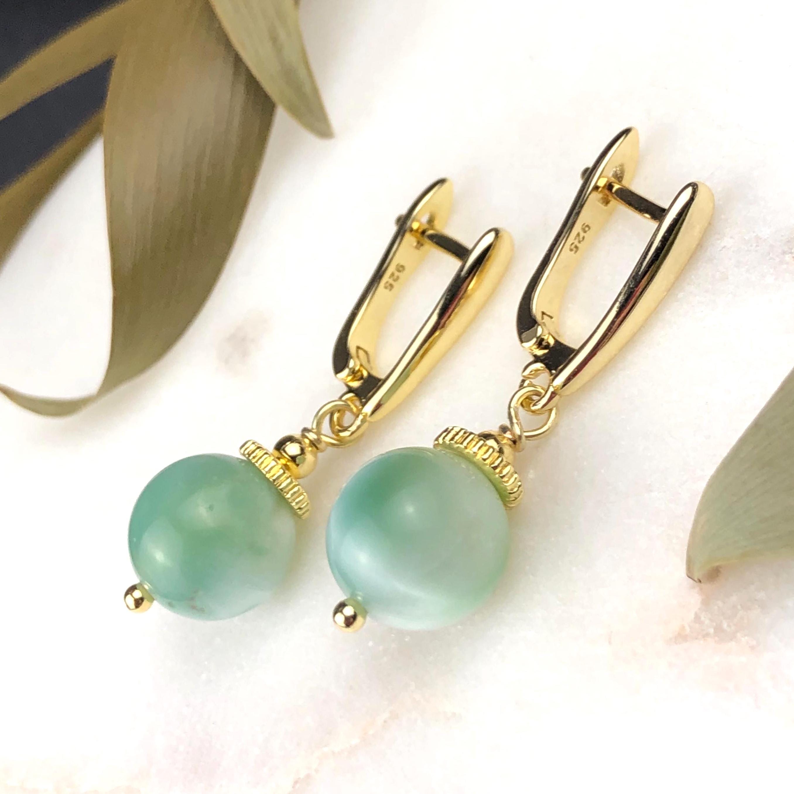 Green Angelite Dangle Earrings, Gold Lever Backs, Natural Gemstone Drops 8369