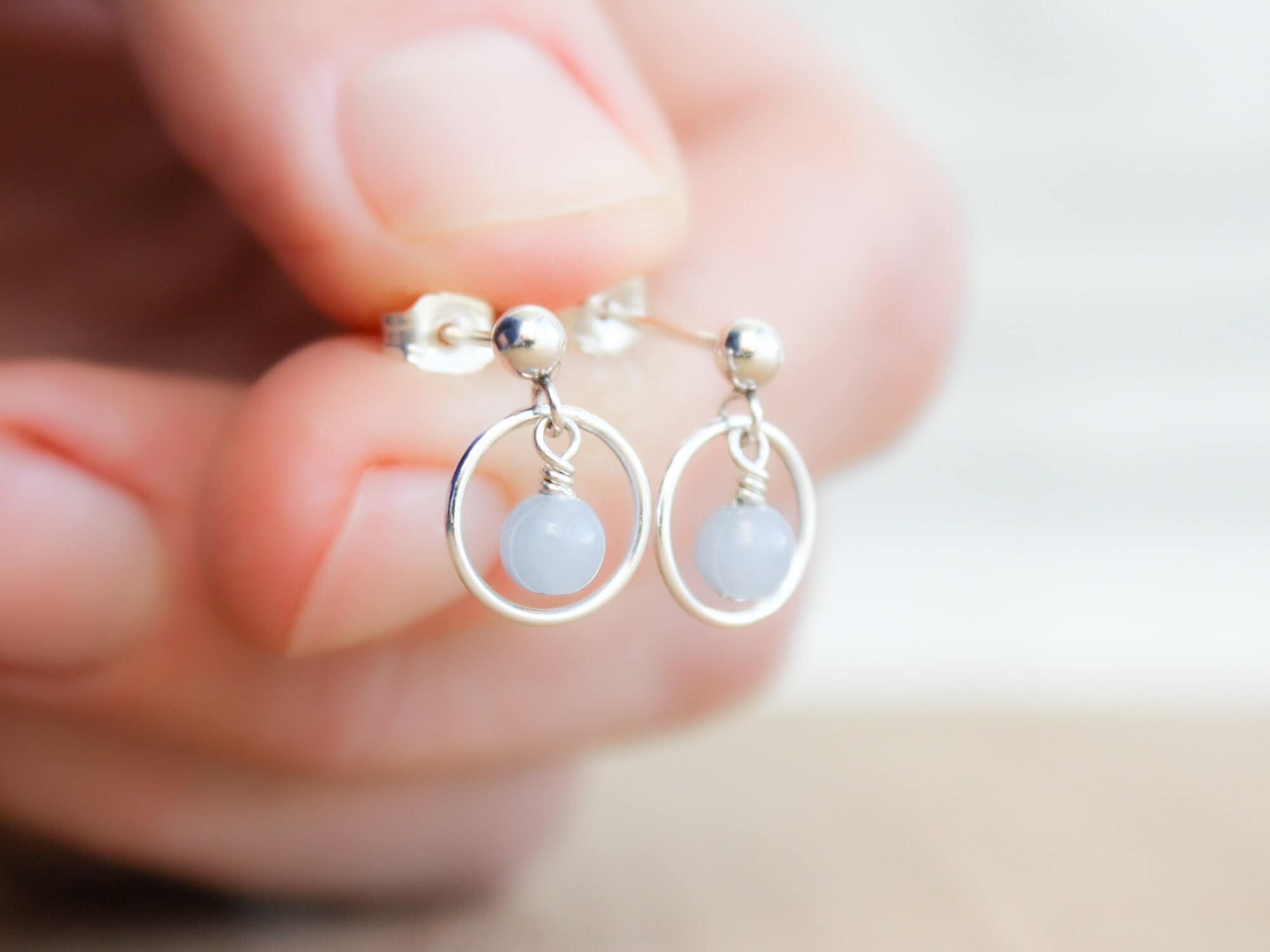 Angelite Hoop Stud Earrings: Sterling Silver Dangle Earrings