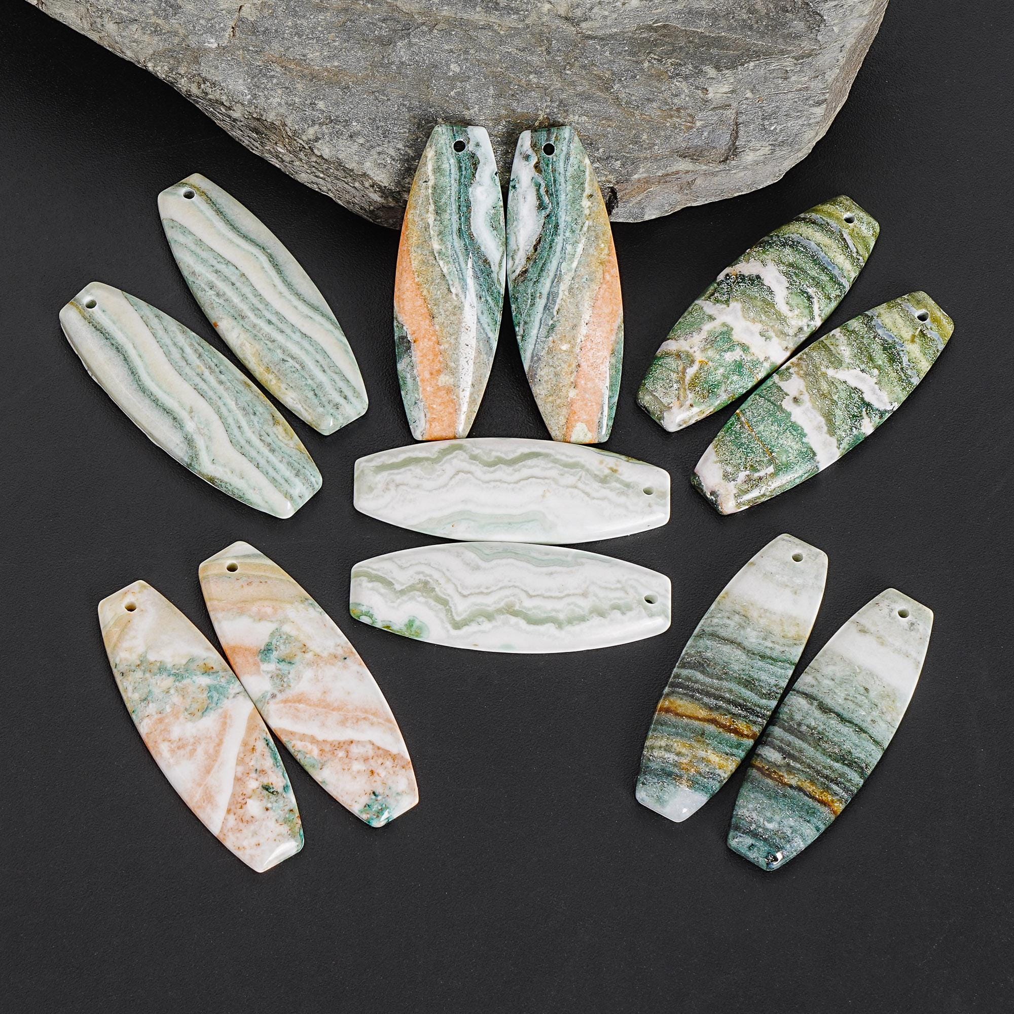 Natural One Of A Kind Green Indian Angelite Earring Pair 38x13x4mm Barrel Earrings Matched Gemstone Bead Pair Natural One Of A Kind Green Indian Angelite Earring Pair 38x13x4mm Barrel Earrings Matched Gemstone Bead Pair