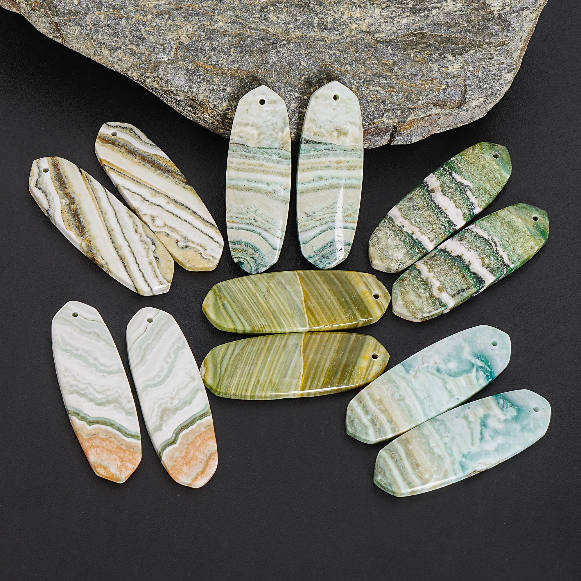Natural One Of A Kind Green Stripe Indian Angelite Earring Pair 38x13x4mm Earrings Matched Gemstone Bead For Diy Jewelry Making