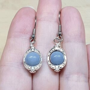 Angelite earrings. Reiki jewelry. Wire wrapped earrings uk. Pale blue semi precious stone Angelite earrings. Reiki jewelry. Wire wrapped earrings uk. Pale blue semi precious stone