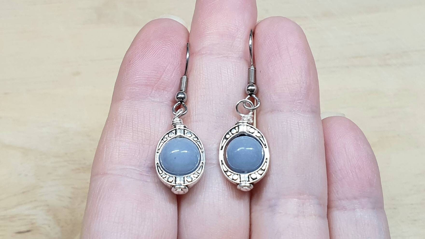 Angelite Earrings. Reiki Jewelry. Wire Wrapped Earrings Uk. Pale Blue Semi Precious Stone