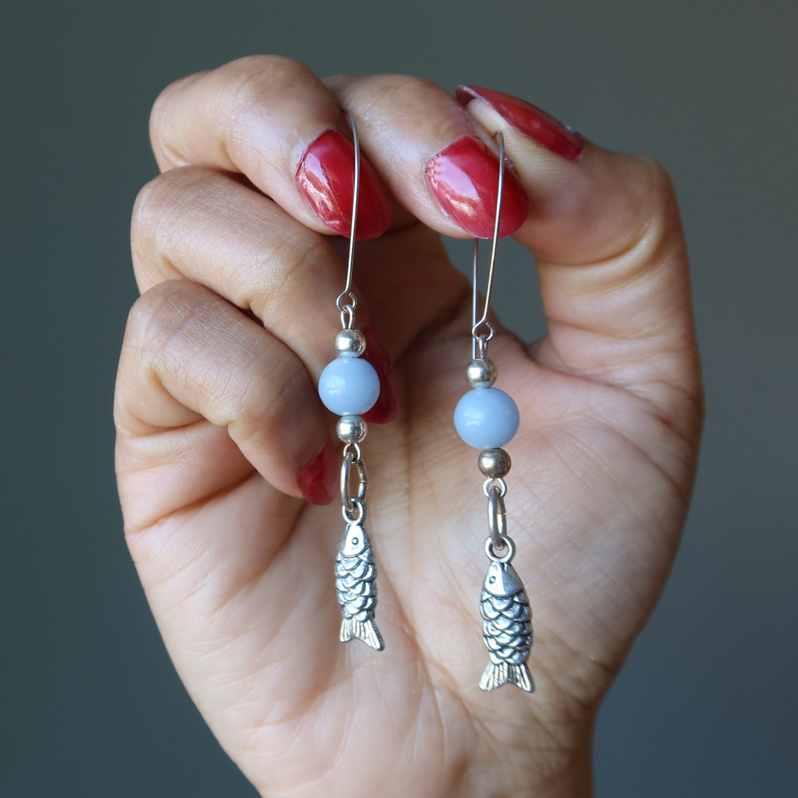 Angelite Earrings Serene Sea Blue Fish Healing Crystals In Silver Angelite Earrings Serene Sea Blue Fish Healing Crystals In Silver