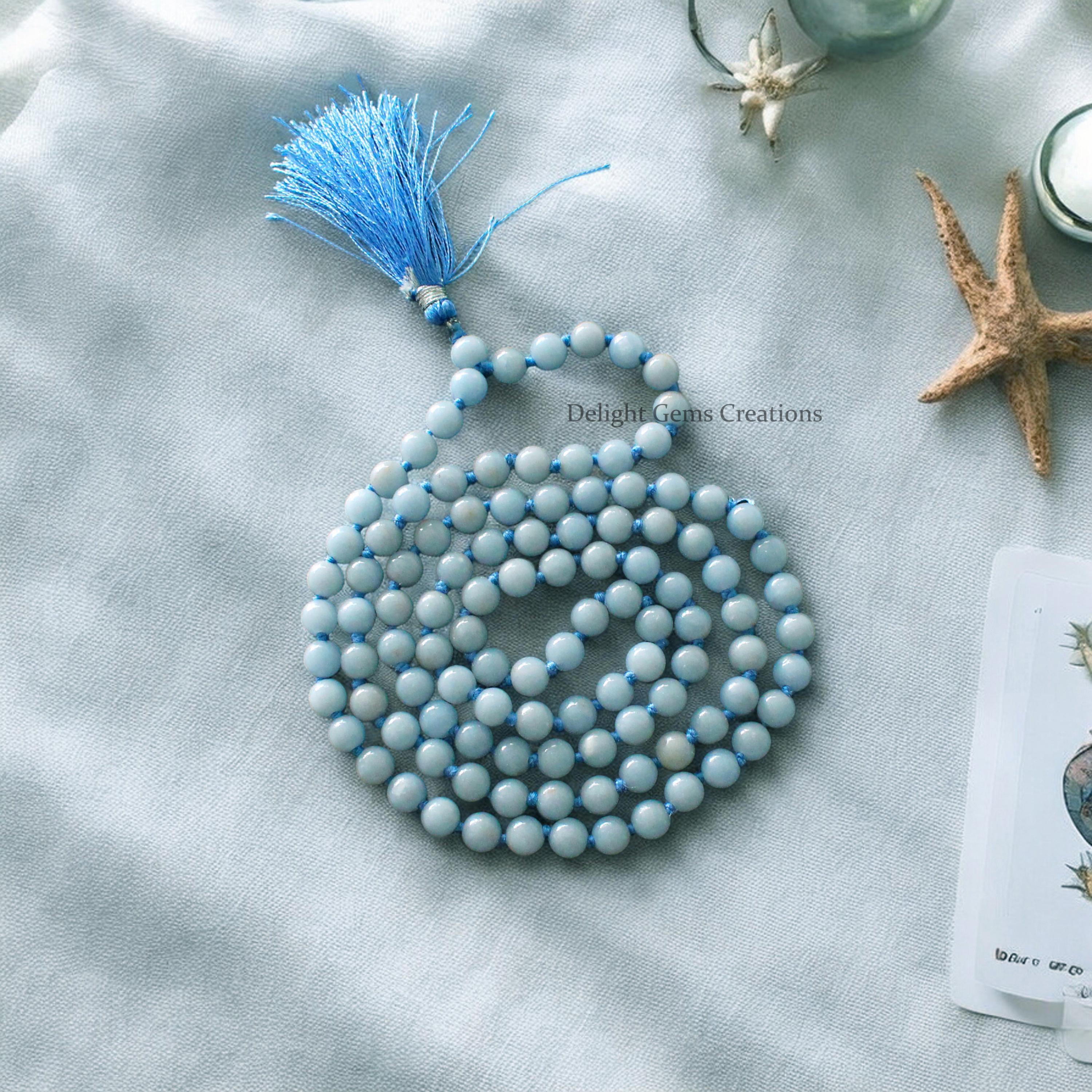 108 Bead Natural Angelite Mala Necklace, 6mm Smooth Angelite Beads Mala, Tassel Necklace, Meditation, Yoga, Healing