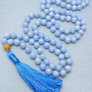 Angelite Necklace 108 Mala Beads, Reiki Charged Meditation & Buddhist Prayer Beads, Yoga Spiritual Jewelry