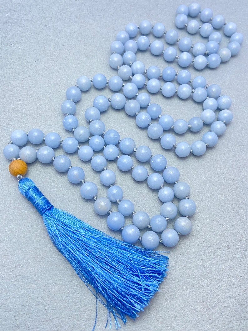 Angelite Necklace 108 Mala Beads, Reiki Charged Meditation & Buddhist Prayer Beads, Yoga Spiritual Jewelry