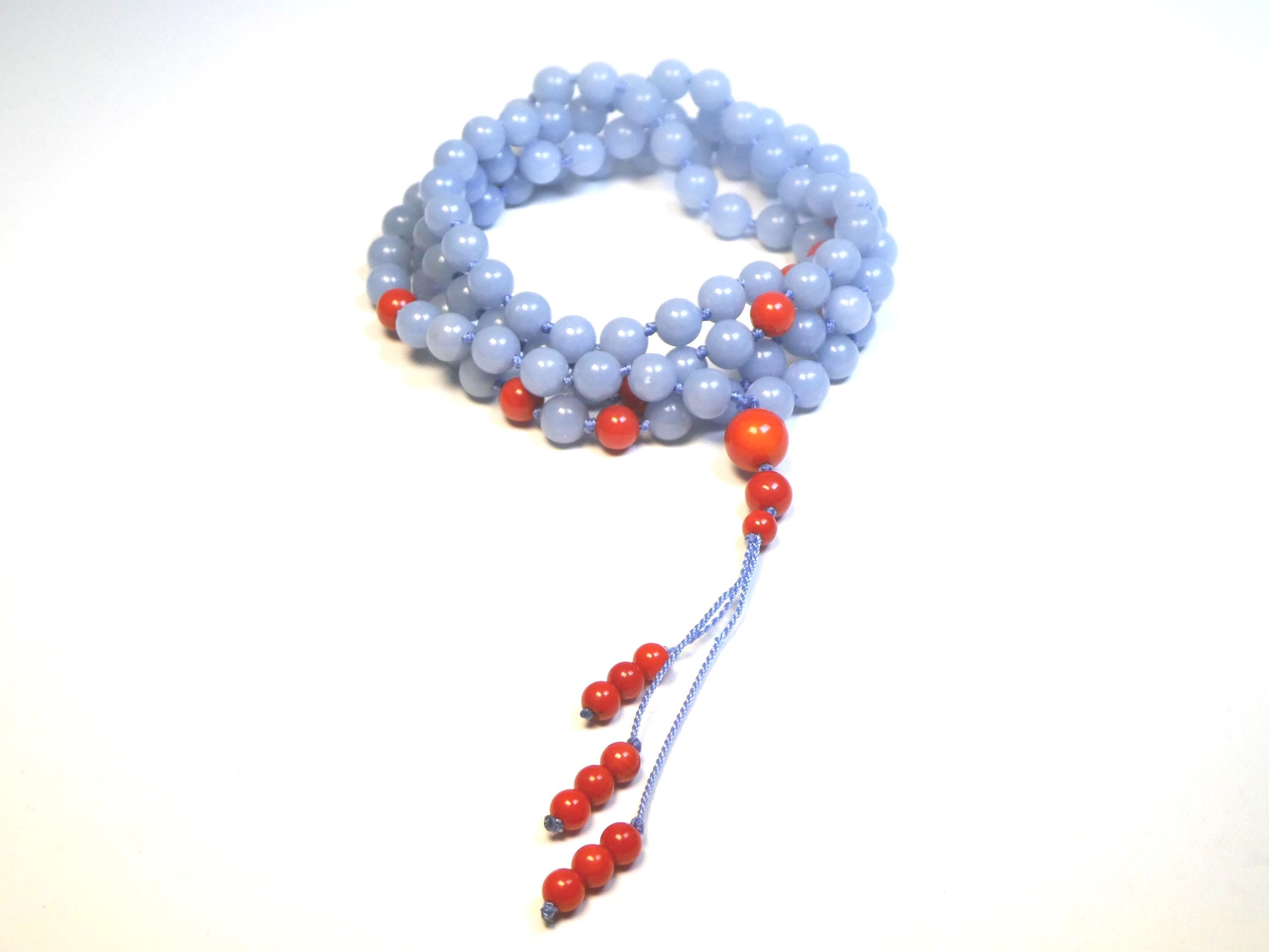 Angelite Coral Mala Necklace 108 Beads • Celestial Blue Protection Talisman • Gentle Guidance Yoga Meditation Prayer Beads • 6mm • 1999