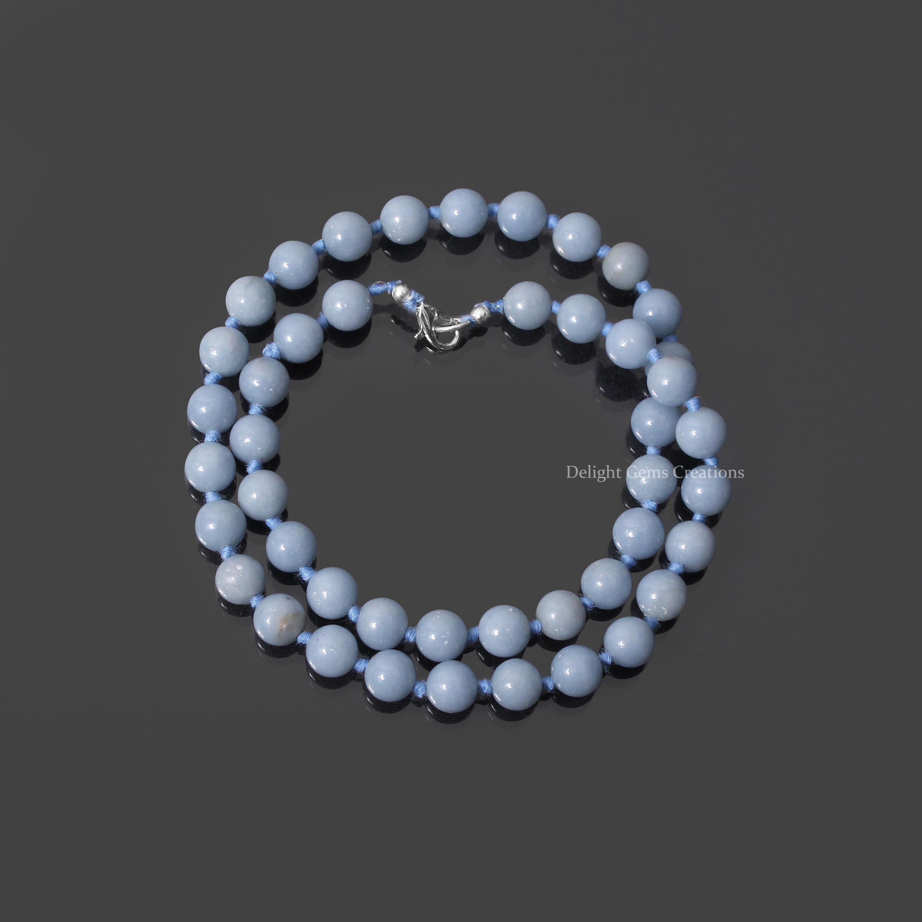 Hand Knotted Angelite Beaded Necklace, 8mm Healing Gemstone Jewelry