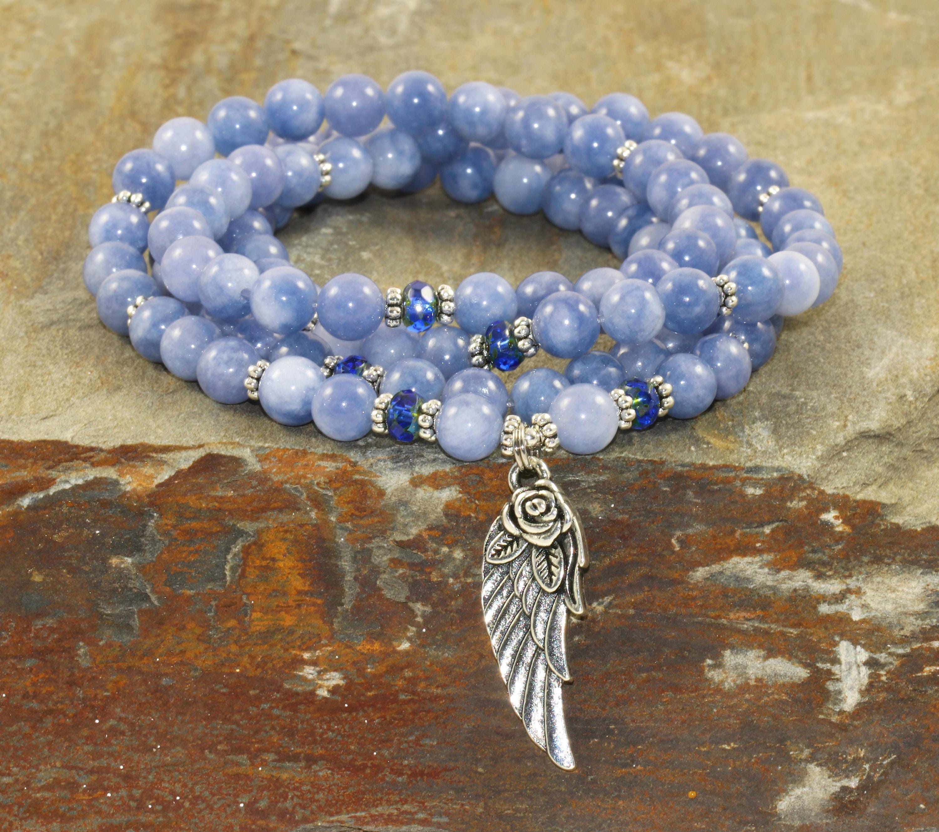 Angelite Mala Beads: Aa Grade Crystal Necklace With Wing Charm