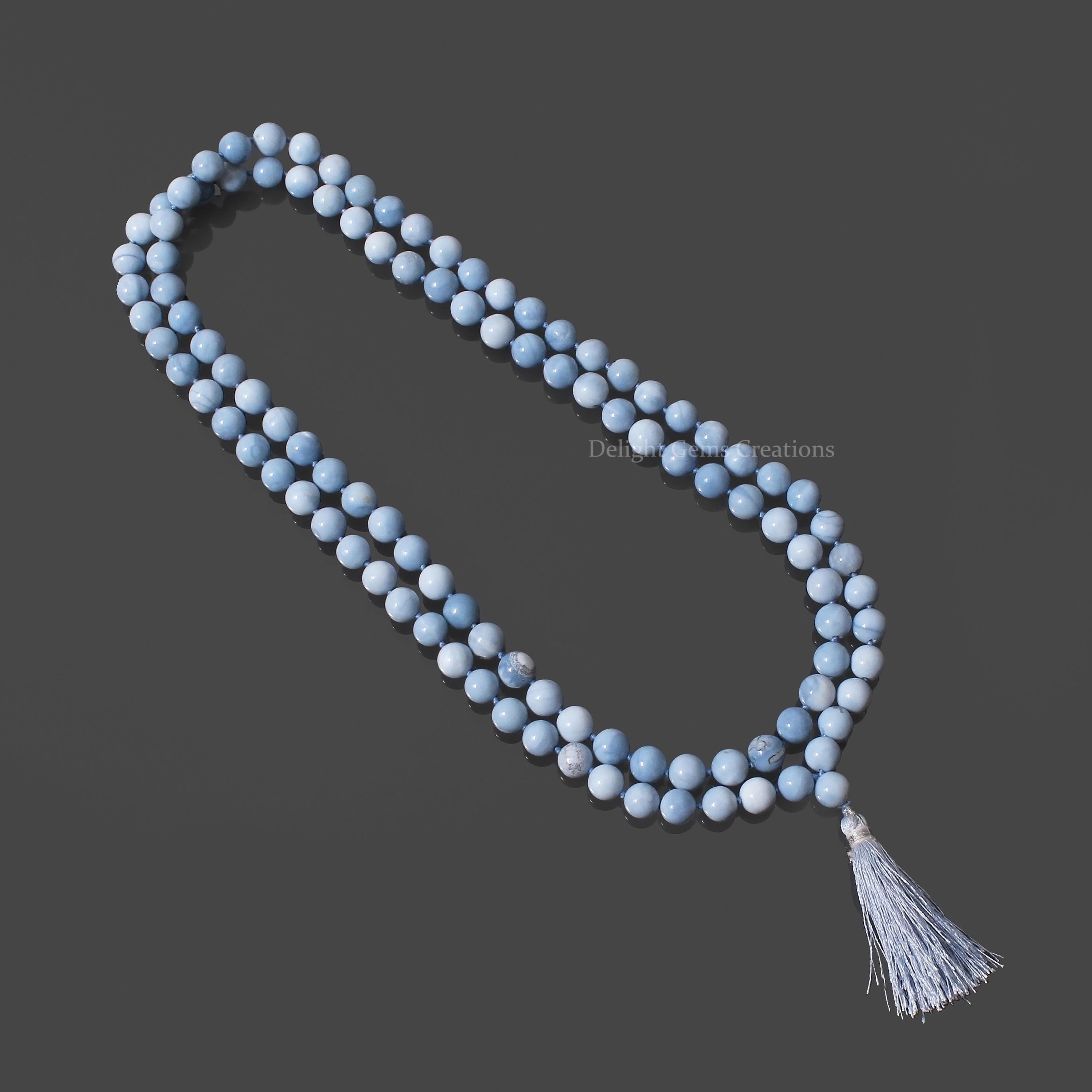 Natural Angelite 108 Bead Mala Necklace, Hand Knotted Tassel