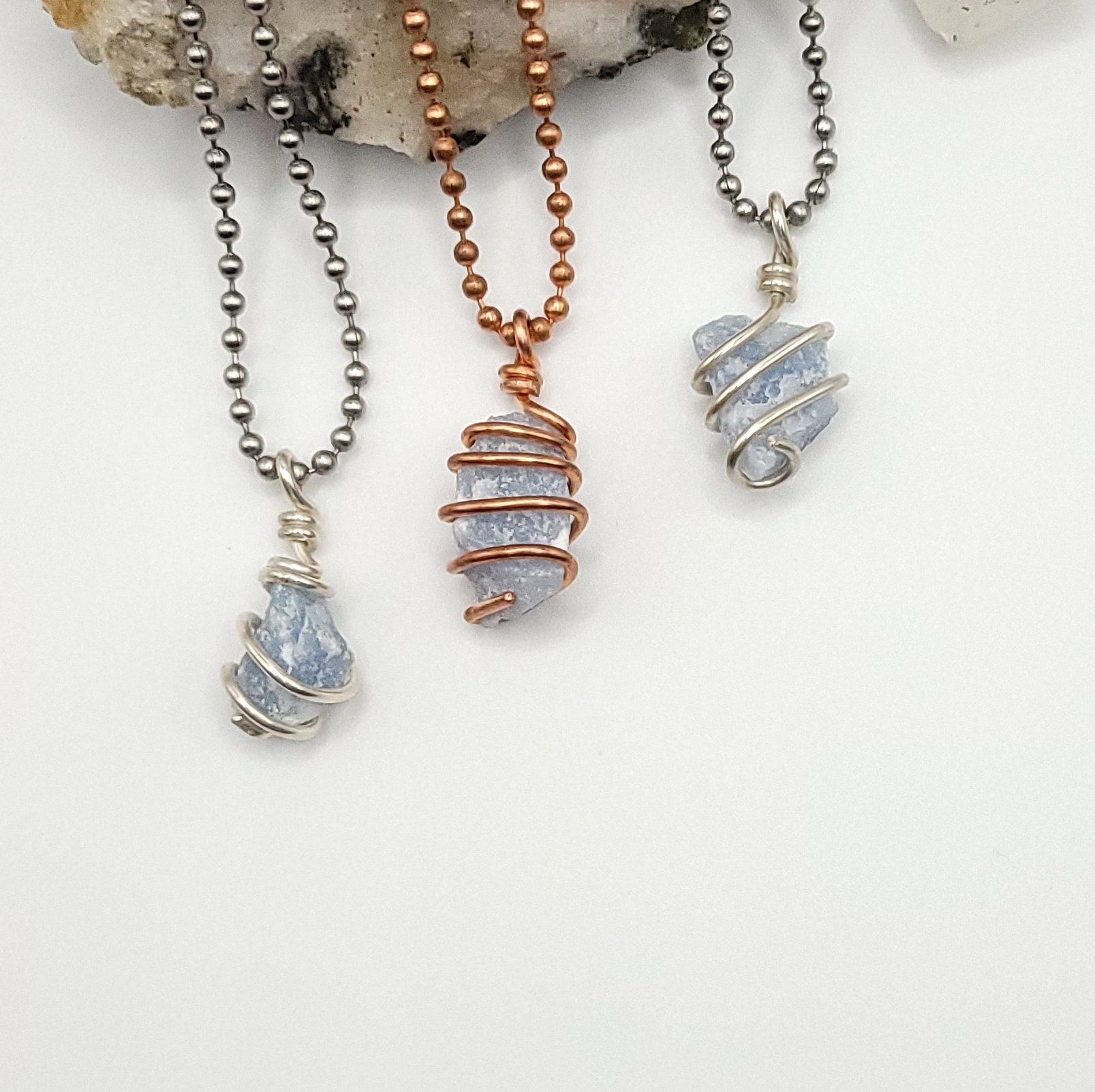 Raw Angelite Necklace In Silver Or Copper: Peace & Angelic Connection Crystal