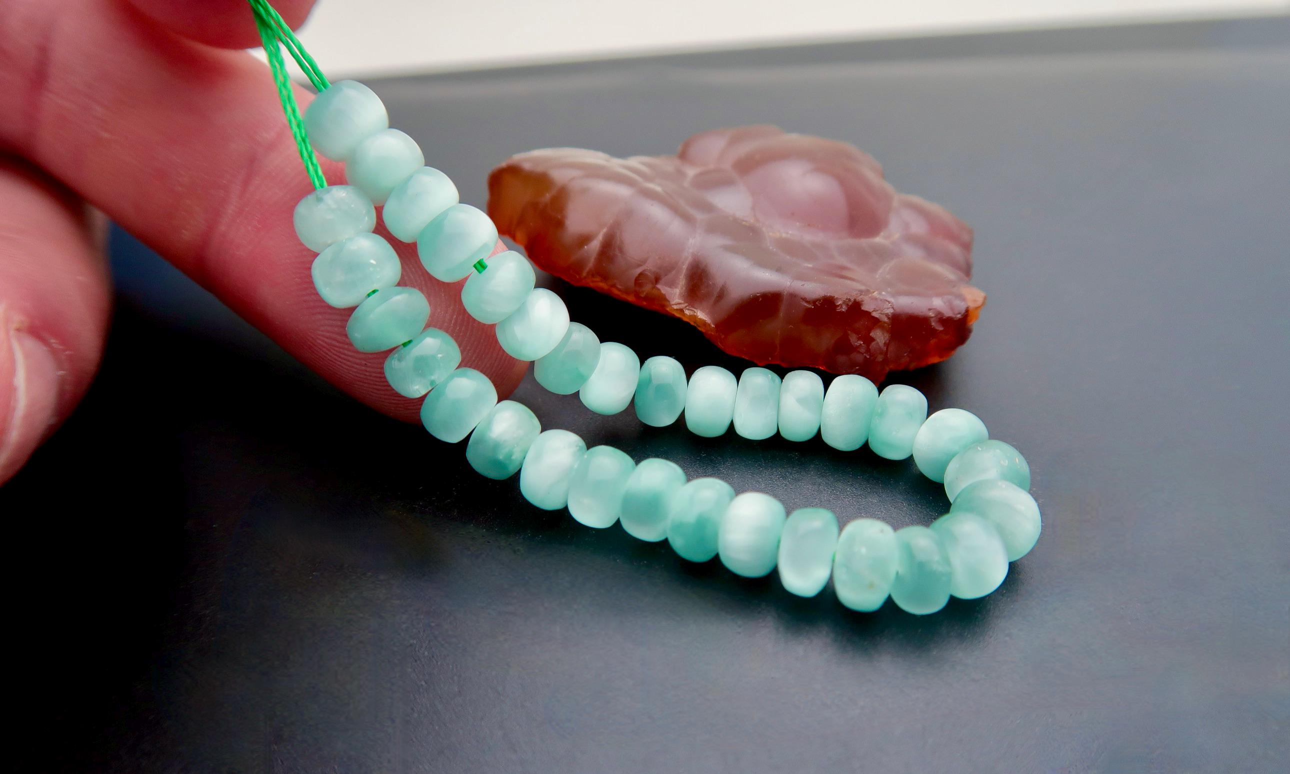 Rare All New Unique Cats Eye Green Angelite Beads - 5.30 Inches - 42.15cts