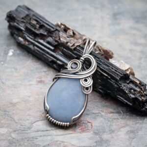 Blue Angelite Gemstone Sterling Oxidized Silver Wire Wrapped Pendant - Made To Order