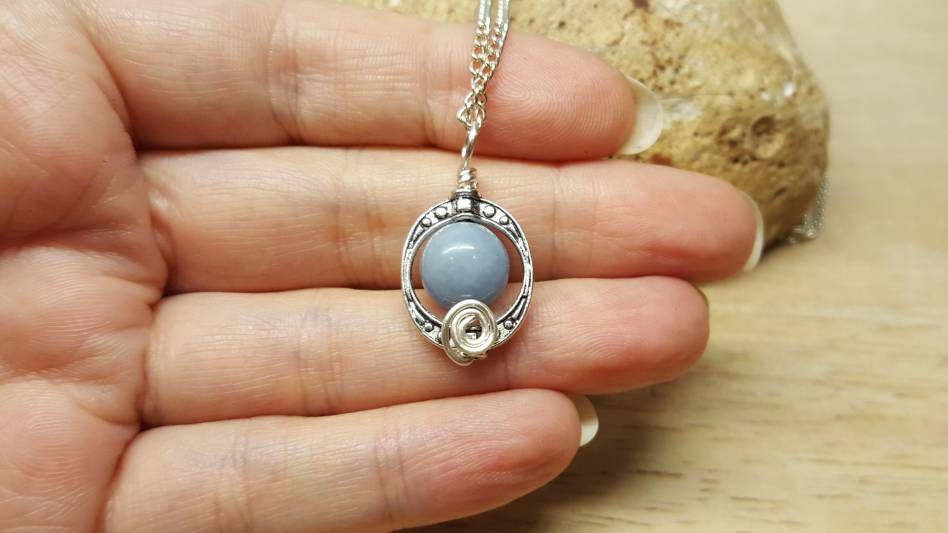 Blue Angelite Pendant. Reiki Jewelry Uk. Small Oval Frame Pendant.