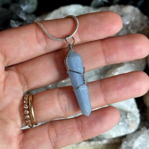 Angelite Crystal Wire Wrapped Pendant Necklace, Double Point Wand