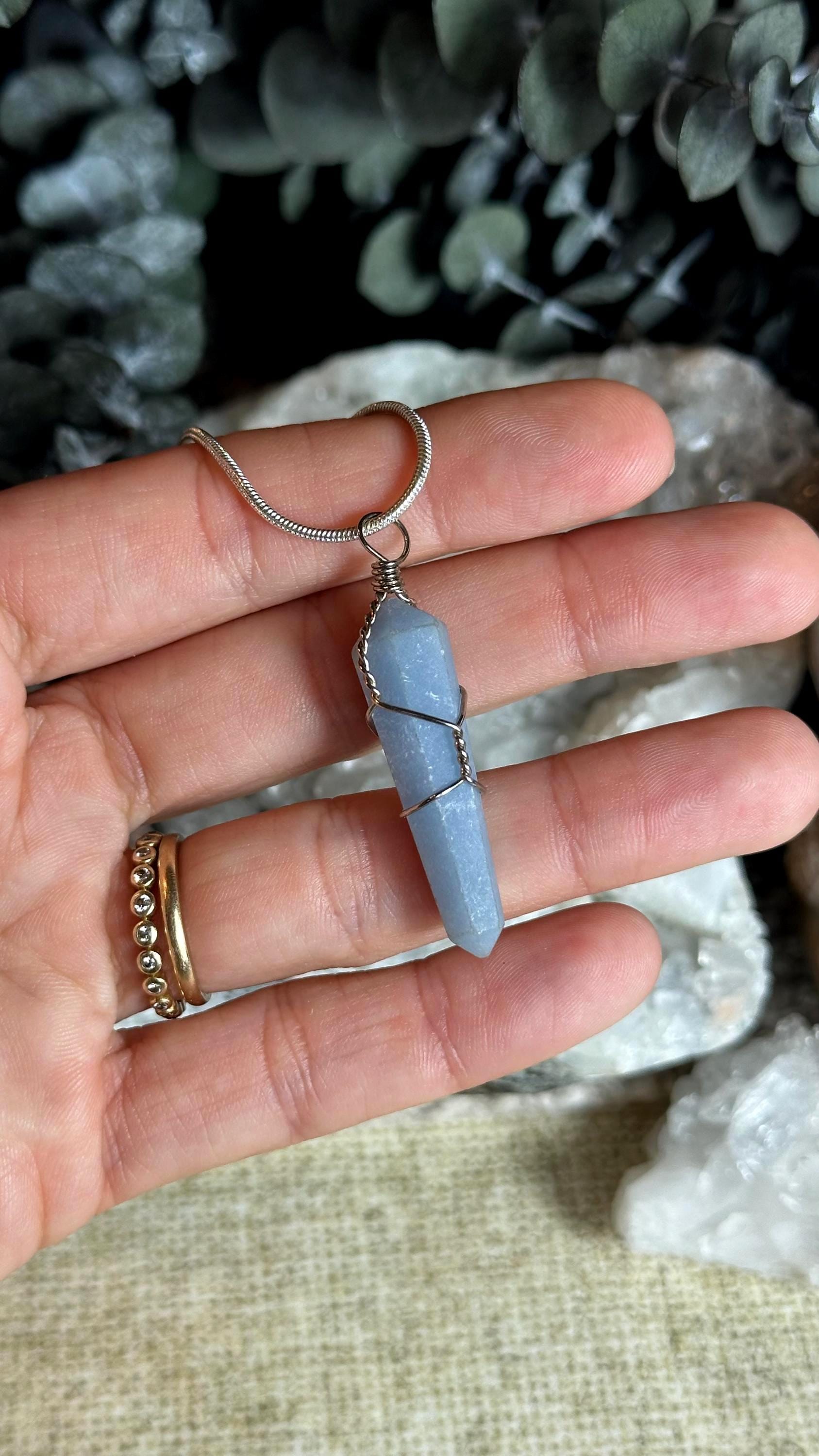 Angelite Crystal Wire Wrapped Pendant Necklace, Double Point Wand Angelite Crystal Wire Wrapped Pendant Necklace, Double Point Wand