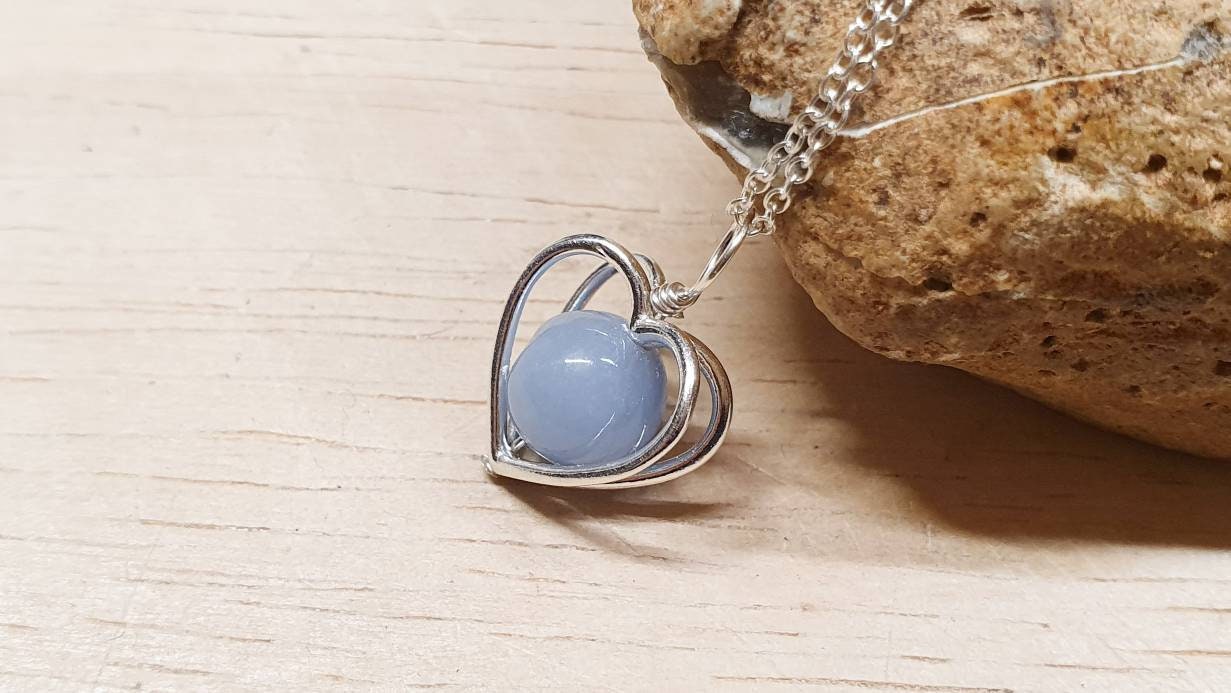 Minimalist Angelite Heart Pendant Necklace. Reiki Jewelry Uk. Sterling Silver Necklaces For Women.
