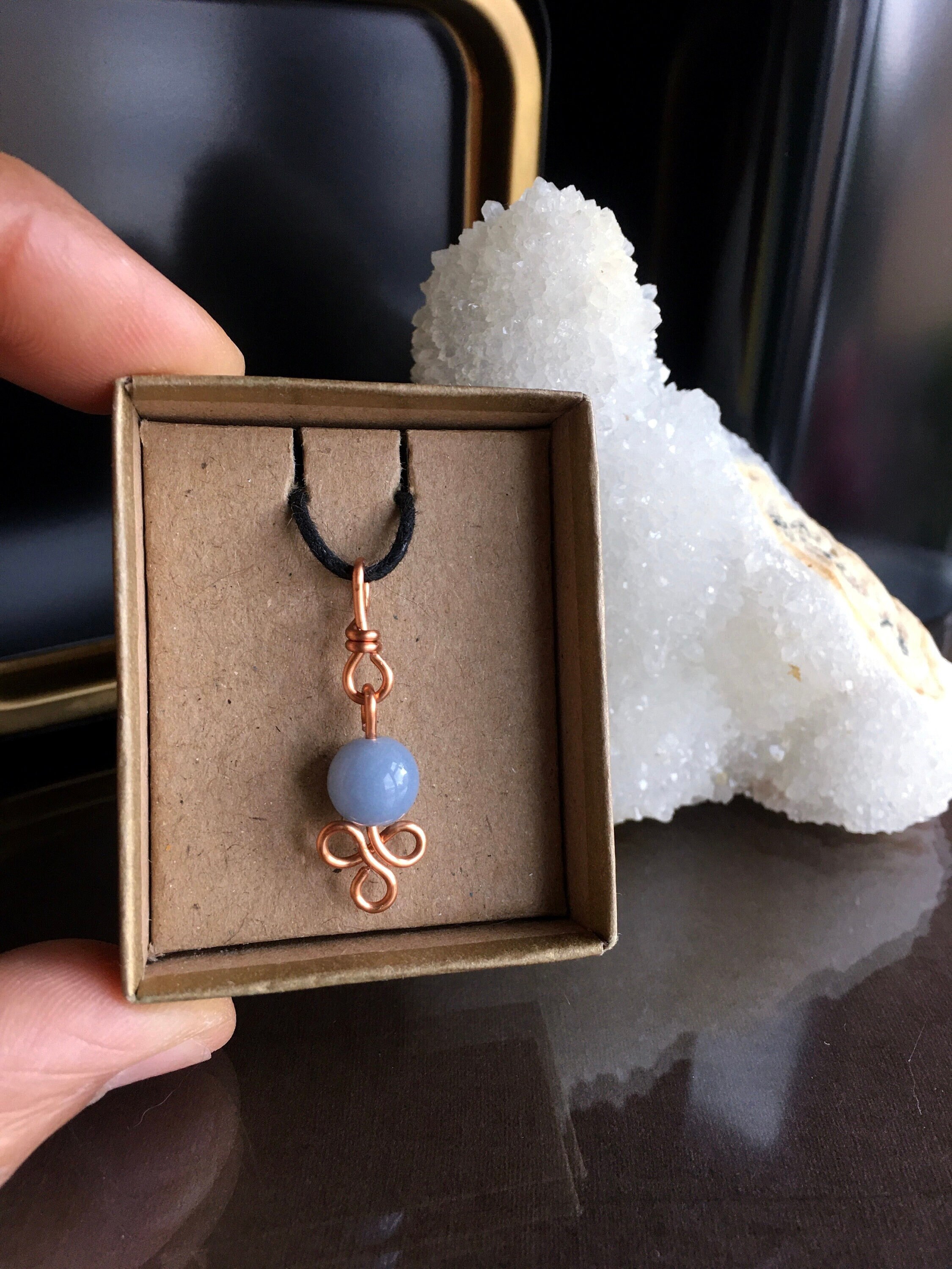 Angelite Pendant Necklace: Copper Wire Wrapped Gemstone