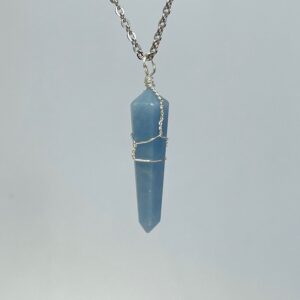 Angelite Pendant Necklace, Wire Wrapped Crystal with Chain Angelite Pendant Necklace, Wire Wrapped Crystal with Chain
