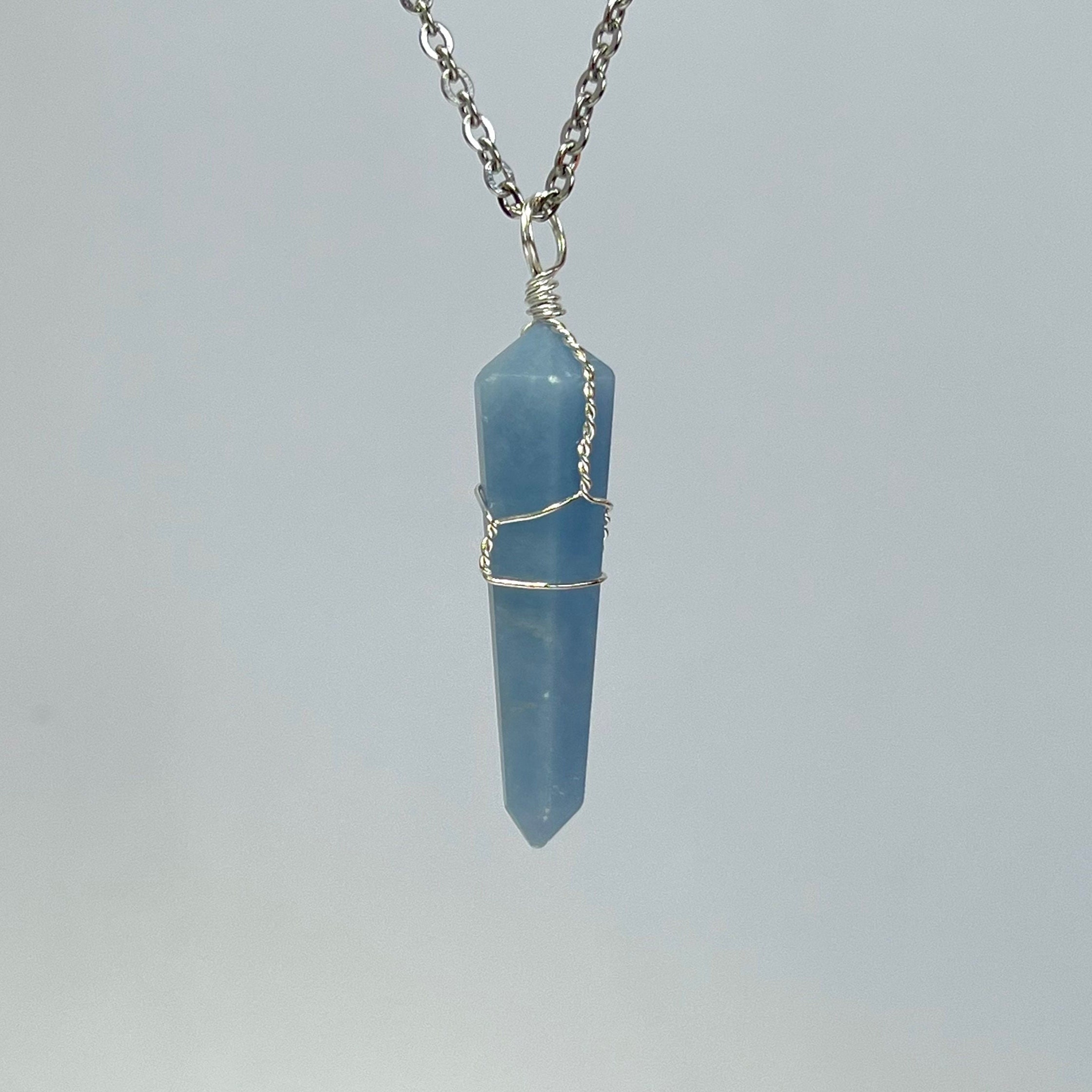 Angelite Pendant Necklace, Wire Wrapped Crystal With Chain Angelite Pendant Necklace, Wire Wrapped Crystal With Chain