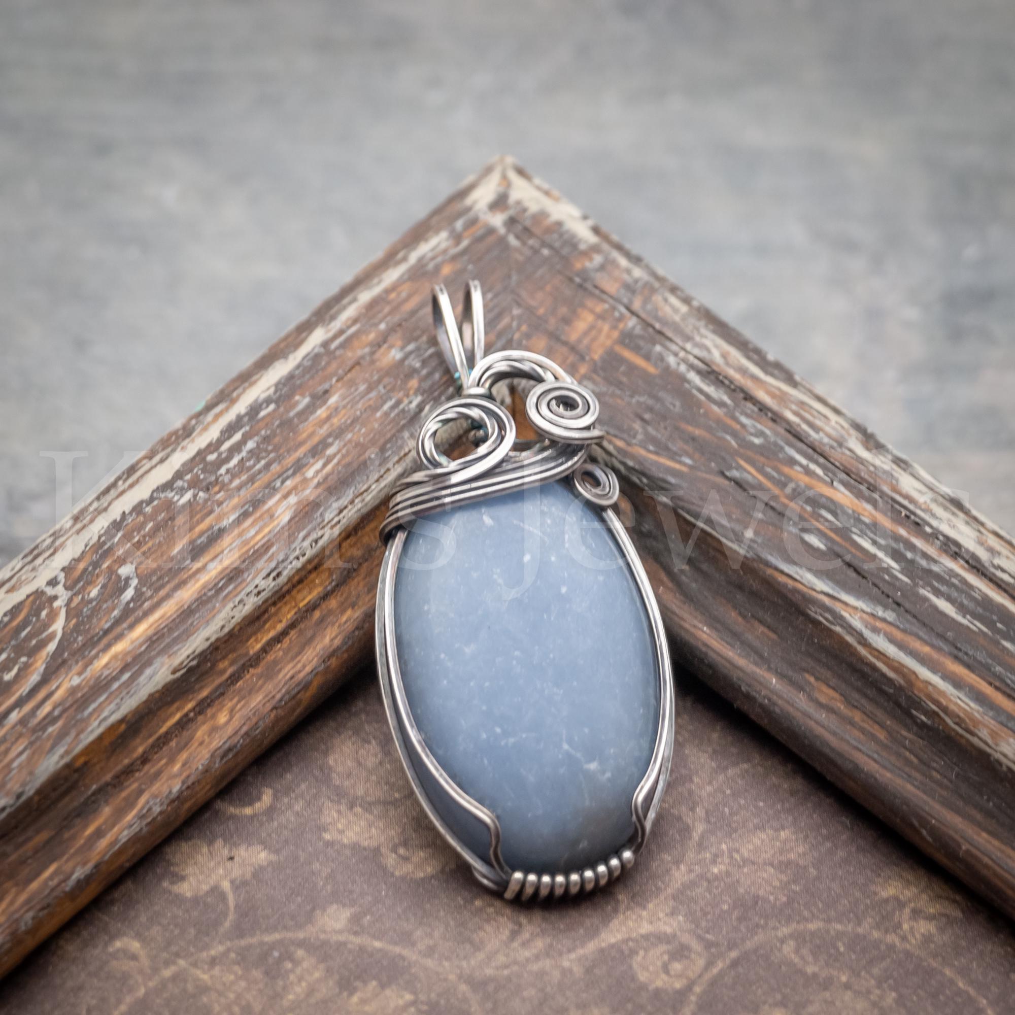 Angelite Periwinkle Blue Gemstone, Oxidized Sterling Silver Wire Wrapped Pendant
