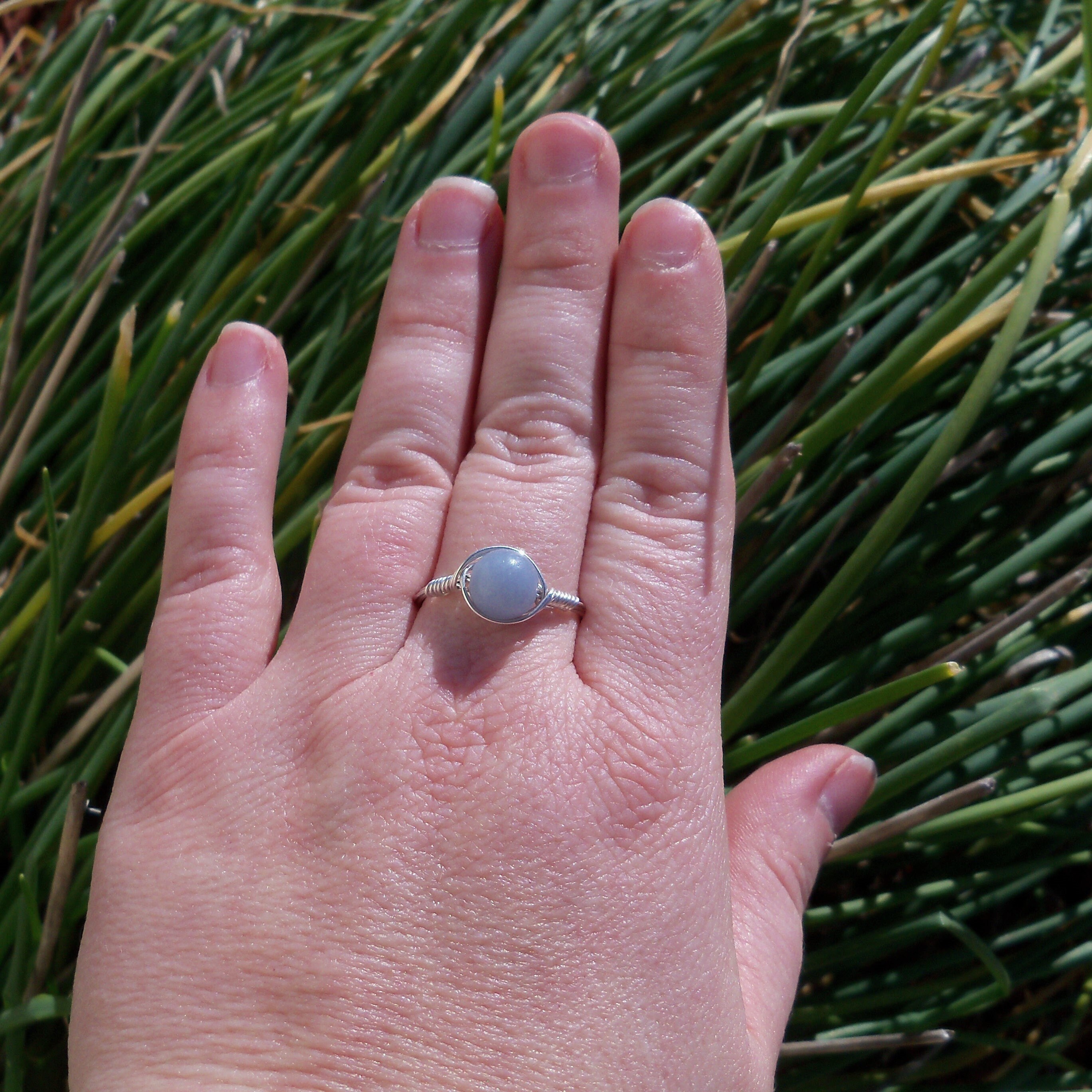 Blue Angelite .999 Fine Silver Wire Wrapped Stone Custom Sized Ring