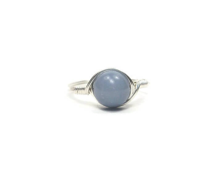 Lg Angelite Fine Silver .999 Wire Wrapped Stone Ring, Custom Sized