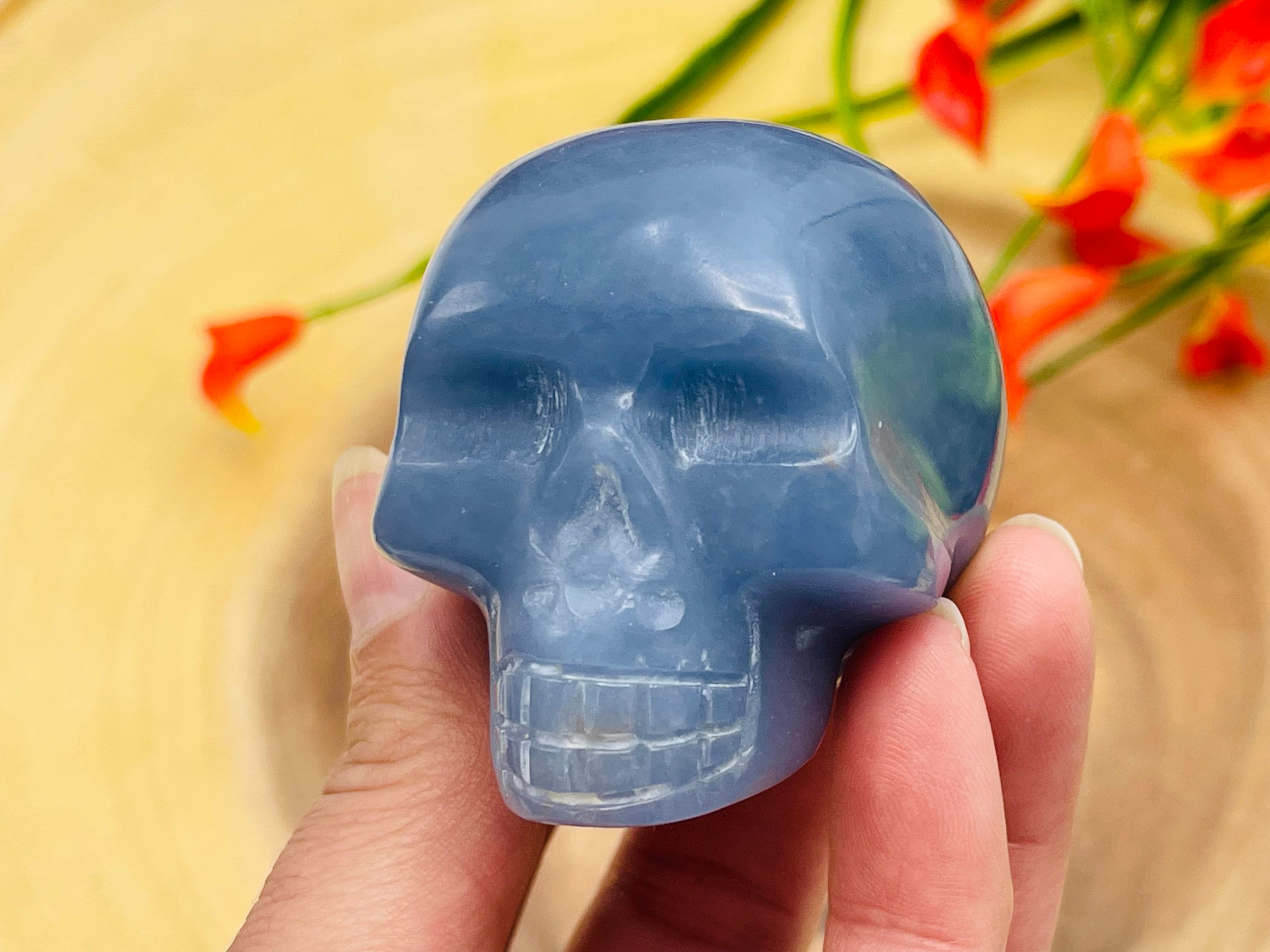 Angelite Crystal Skull, Realistic Detail Fine Art Sculpture, Metaphysical Crystal, 2 Inch Angelite Crystal Skull, Realistic Detail Fine Art Sculpture, Metaphysical Crystal, 2 Inch