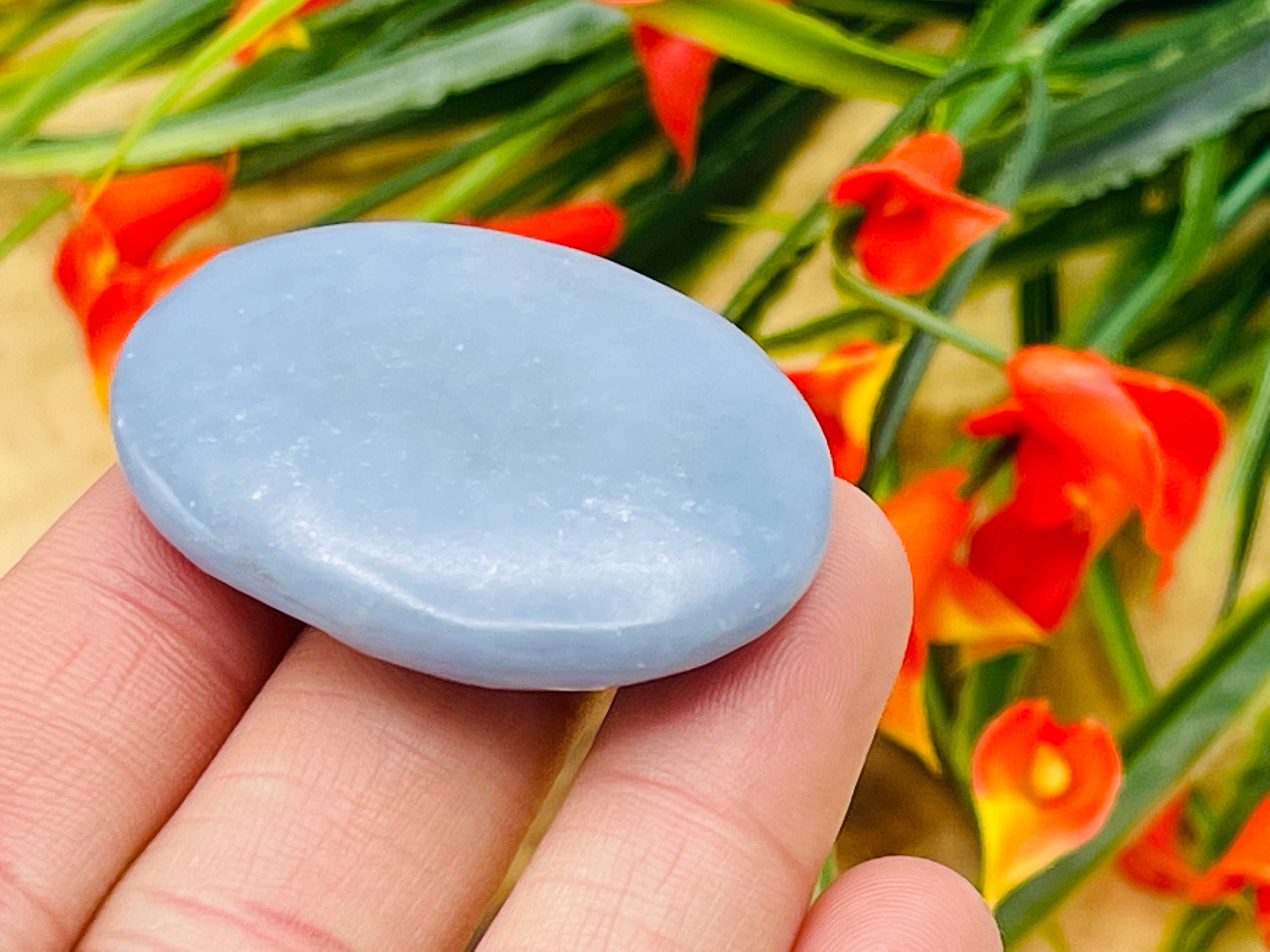 Angelite Smooth Stone, Healing Crystal Massage Palm Stone, Polished Gemstone