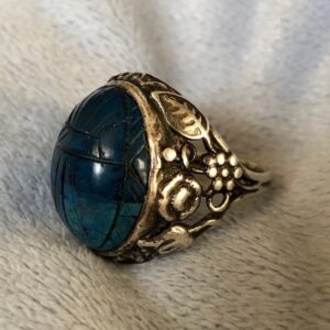 Antique Sterling Silver Carved Blue  Dumortierite Scarab Beetle Ring Size 7.5