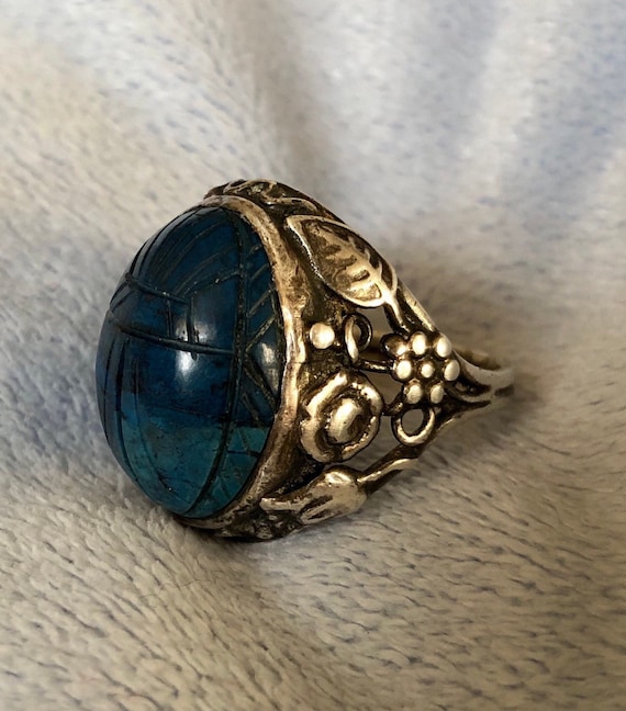 Antique Sterling Silver Carved Blue  Dumortierite Scarab Beetle Ring Size 7.5