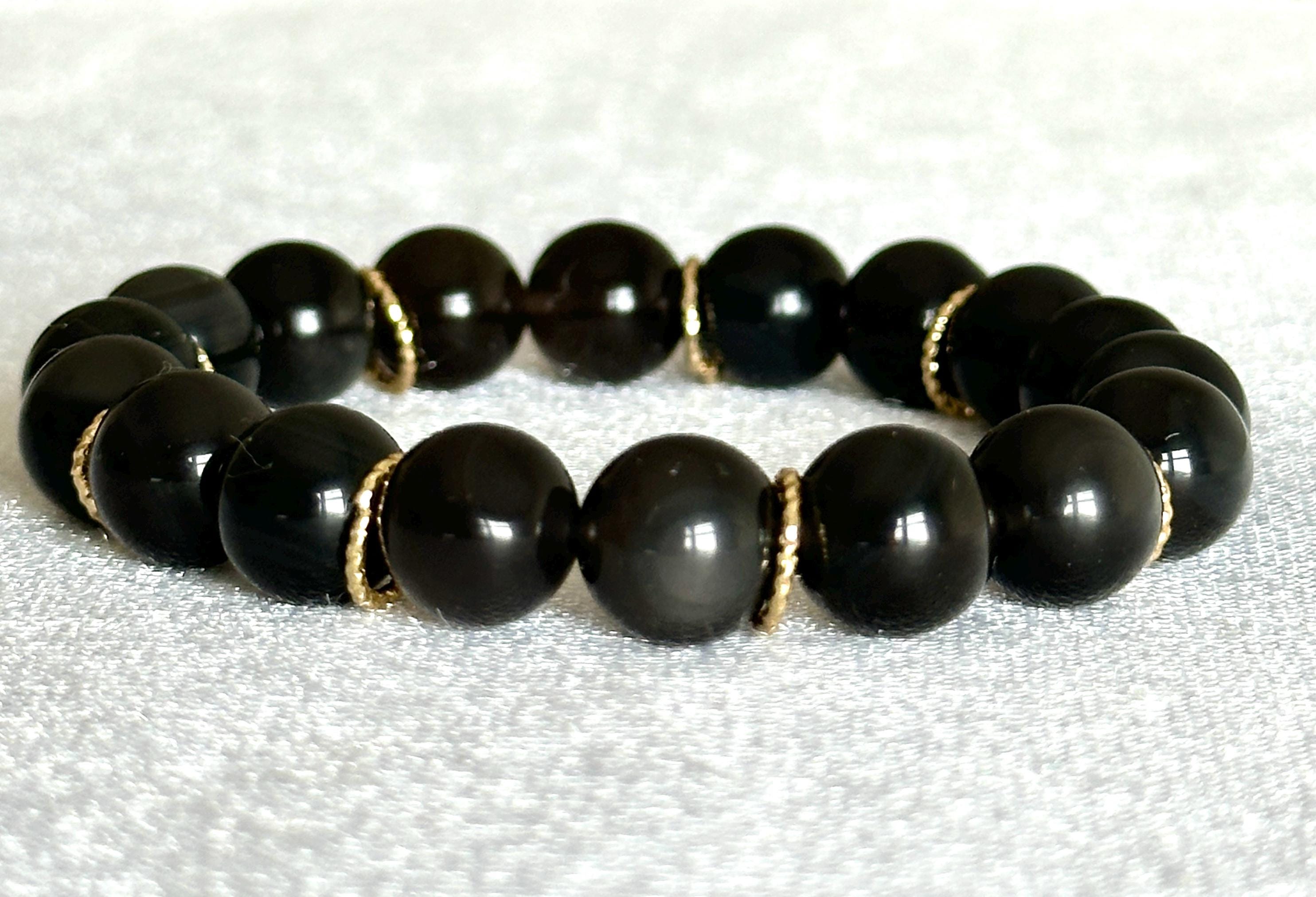 Apache Tears Bracelet 10mm, Obsidian Jewelry, Handmade Gemstone Bracelet For Men Women