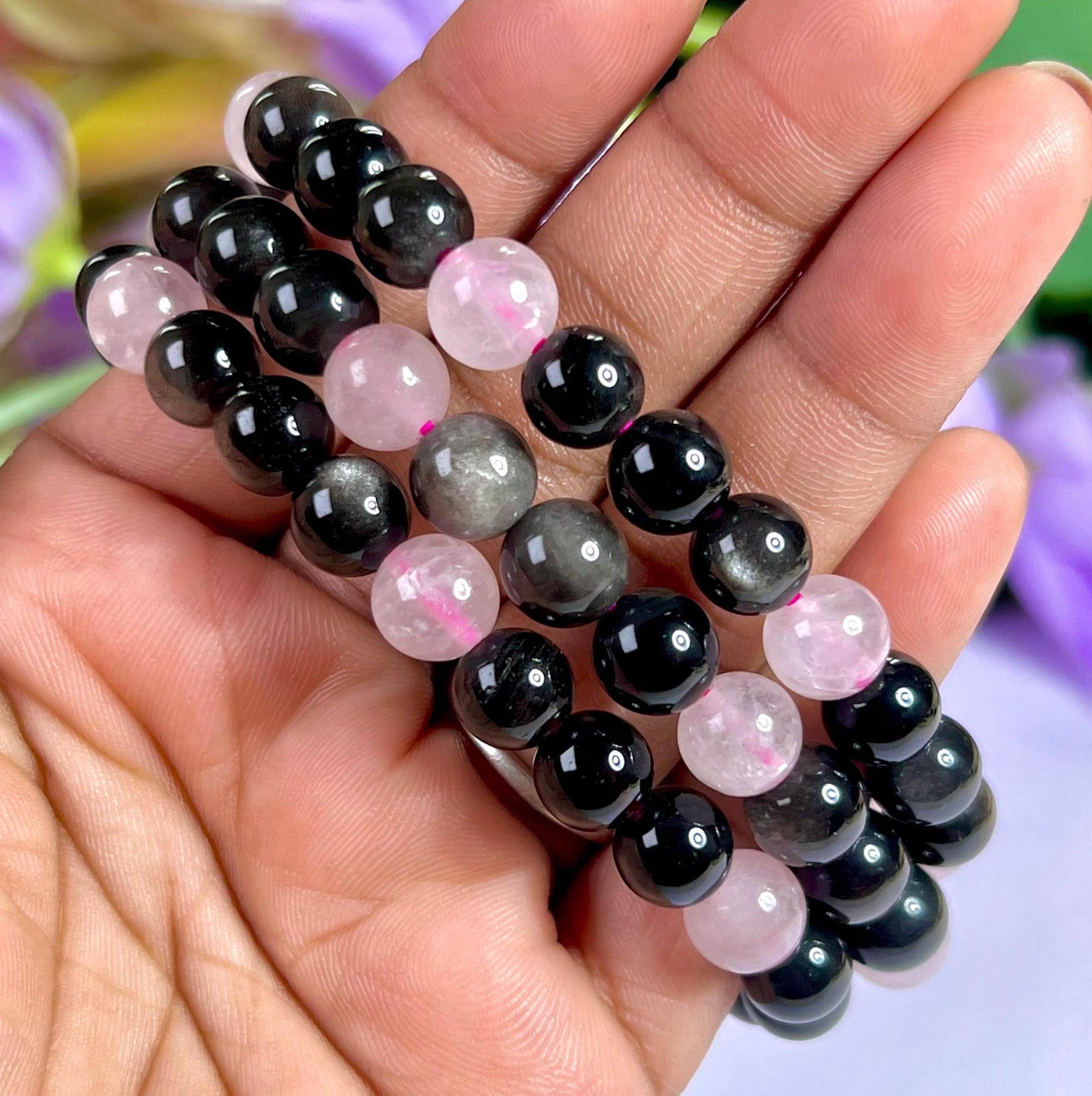 8mm Apache Tears With Rose Quartz Stone Round Beaded Stretchable Bracelet