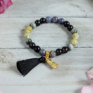 PTSD, Self-Love, Forgiveness Bracelet Apache Tears Chrysoberyl Hawks Eye Iolite Water Sapphire Peridot Olivine Black Tassel Gold Lotus Charm