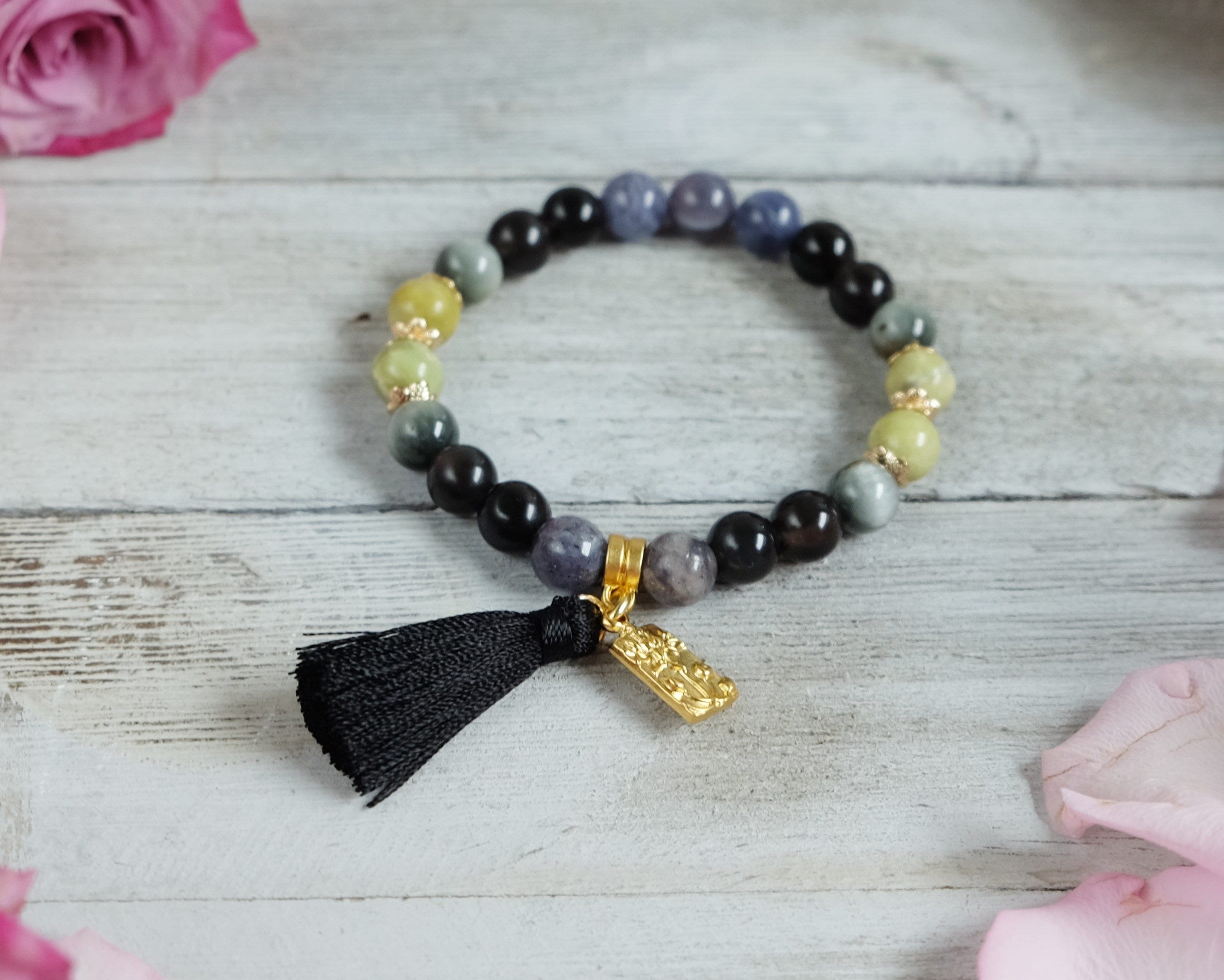 Ptsd, Self-love, Forgiveness Bracelet Apache Tears Chrysoberyl Hawks Eye Iolite Water Sapphire Peridot Olivine Black Tassel Gold Lotus Charm