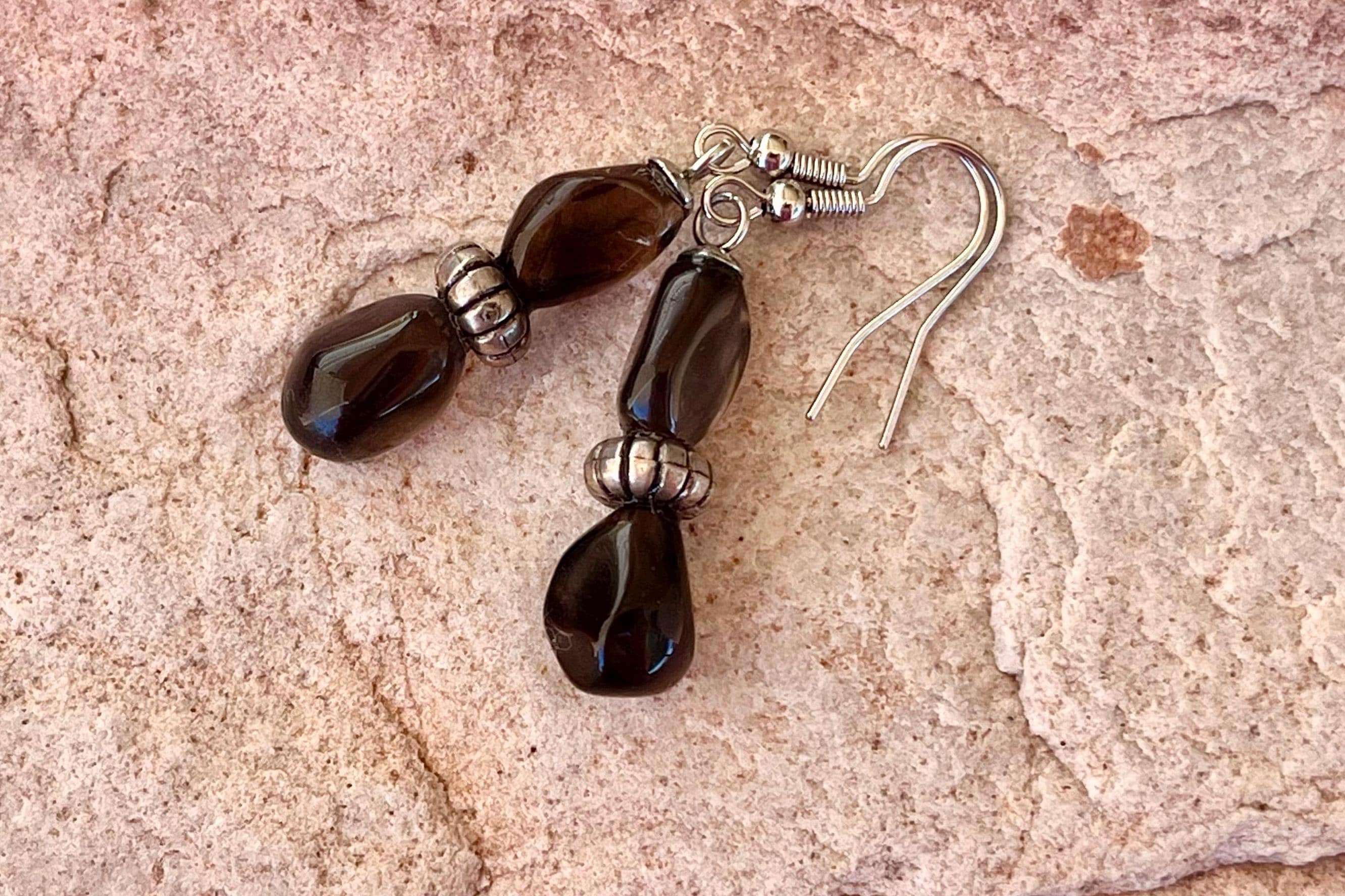 Apache Tear Obsidian Dangle Earrings, Hand Mined Grief Stone, Handmade In Arizona