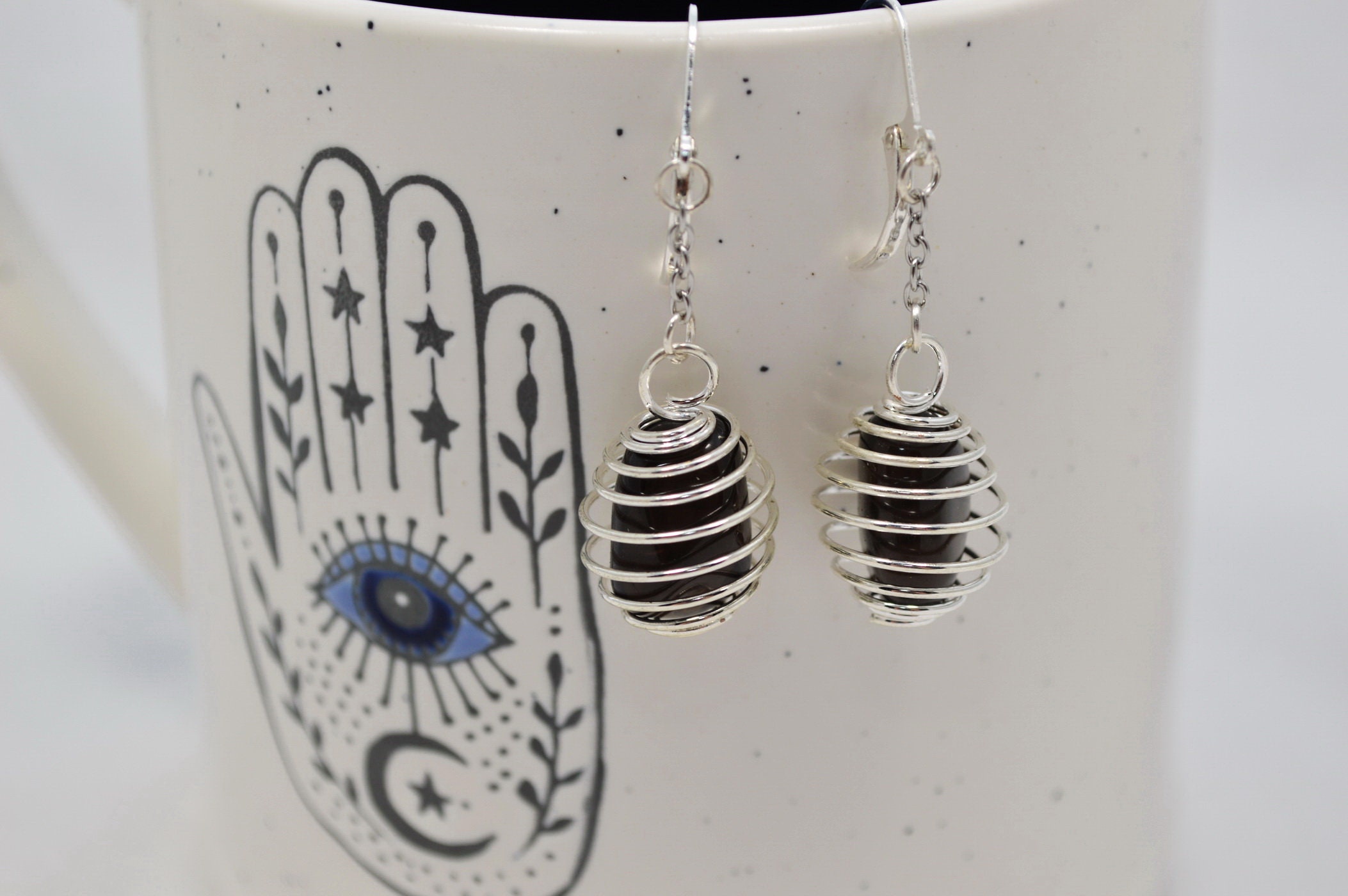 Tumbled Apache Tears Obsidian Earrings: Silver Wire Wrapped