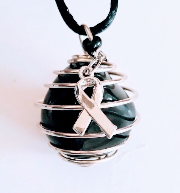Melanoma Cancer ~ Black Awareness Gem Necklace (hope Beacon) ~ Apache Tear Gem, 24” Color Cord /chain, & Ribbon Charm, “homeless Fundraiser”