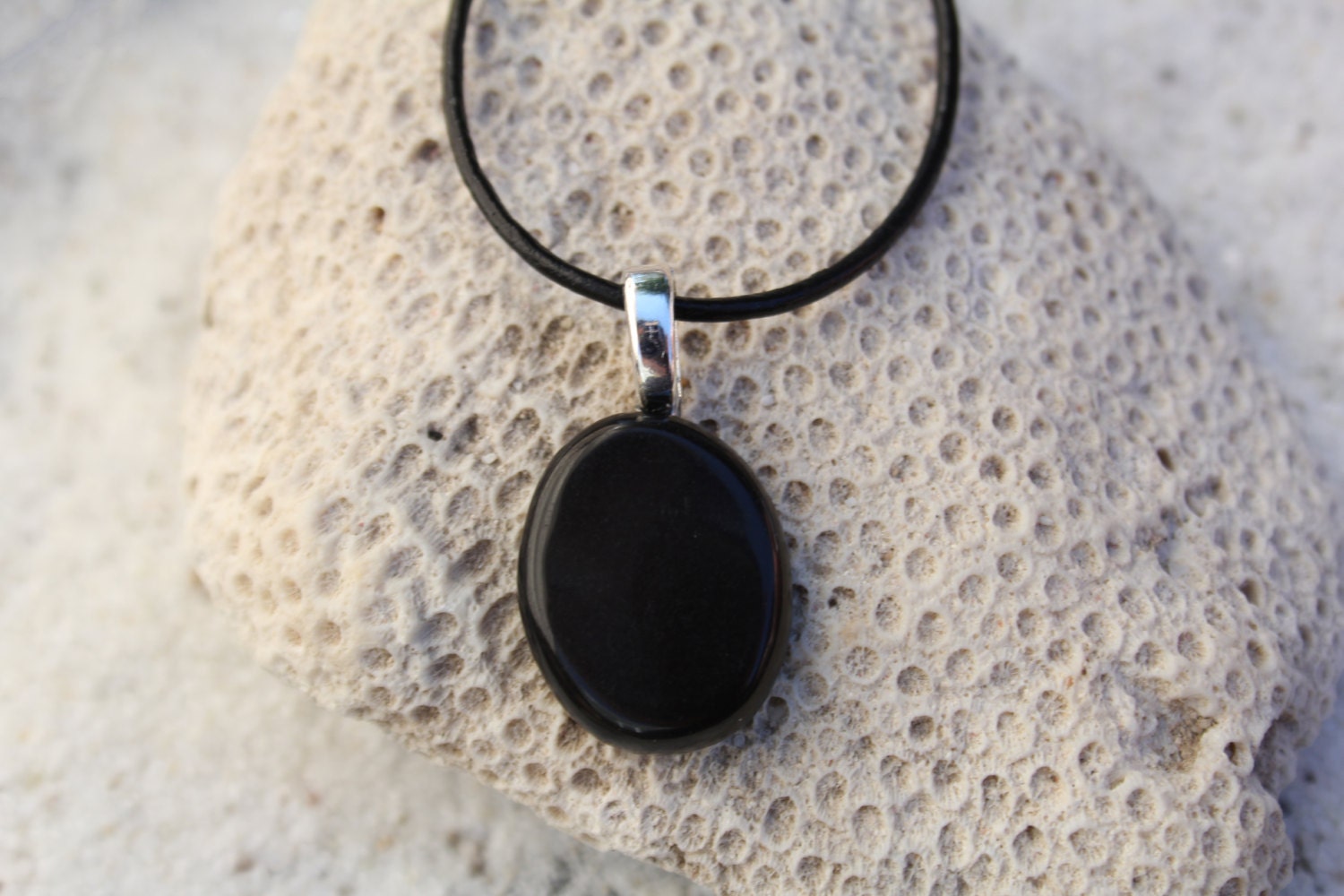 Apache Tears Palm Stone On A Leather Cord Necklace