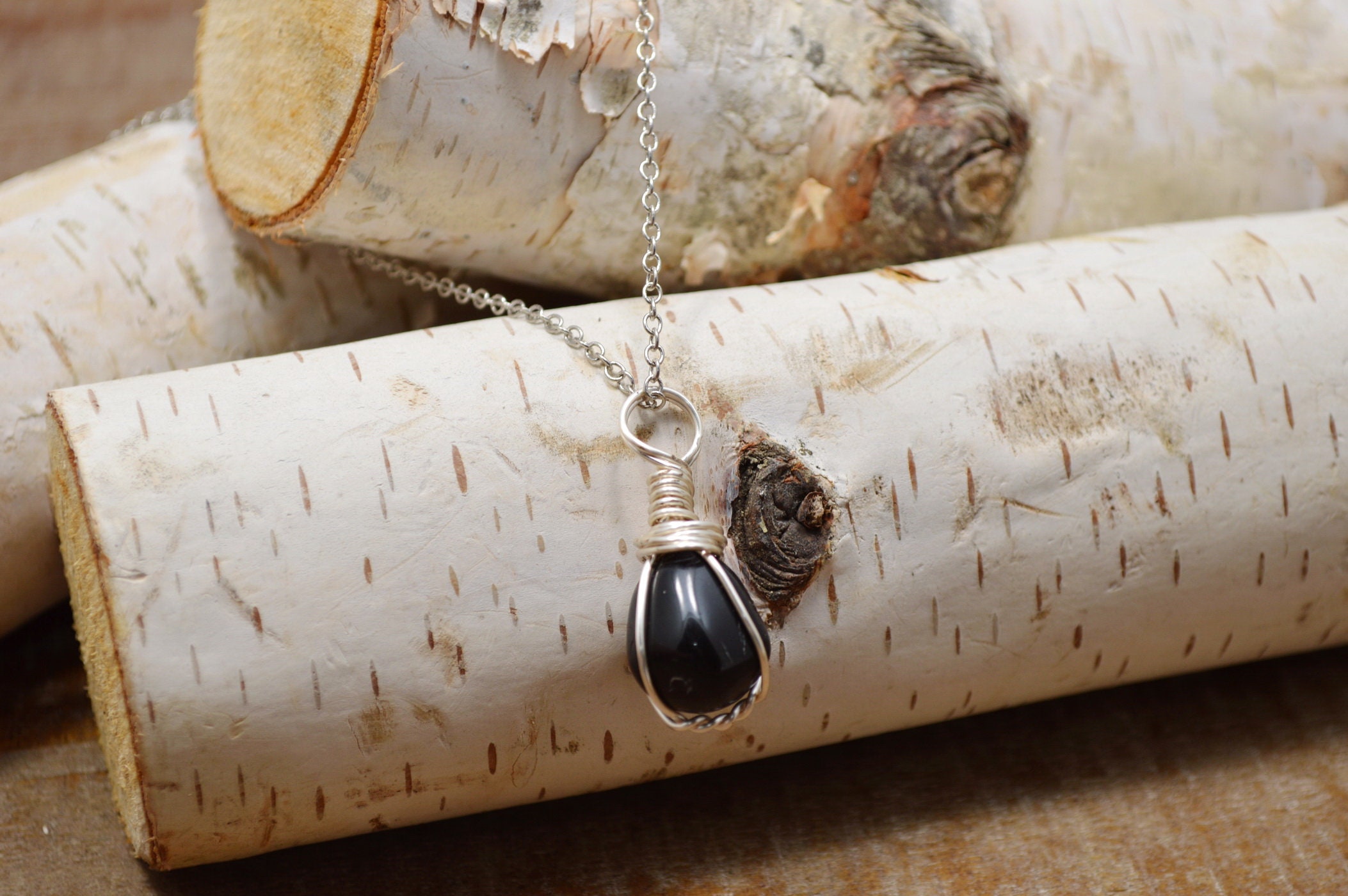 Apache Tear Necklace: Tumbled Obsidian Wire Wrapped Pendant Apache Tear Necklace: Tumbled Obsidian Wire Wrapped Pendant