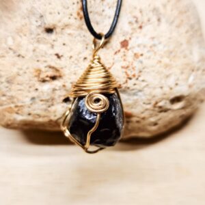 Rare Raw Apache Tear Pendant. Wire Wrap Necklace. Volcanic Black Obsidian Necklace. Unisex Reiki Jewelry Uk
