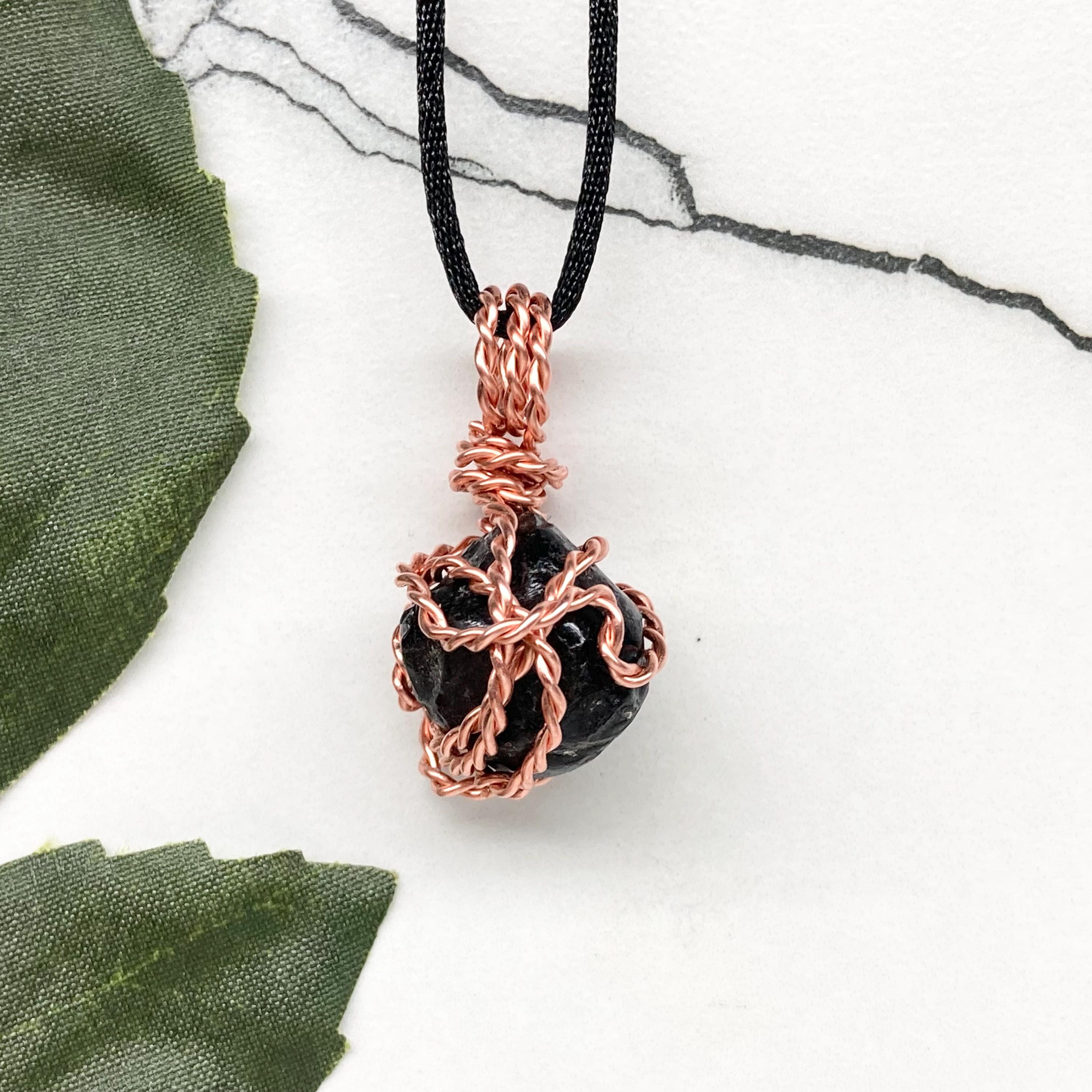 Apache Tear Necklace, Black Crystal Pendant, Copper Wire Wrapped Jewelry Apache Tear Necklace, Black Crystal Pendant, Copper Wire Wrapped Jewelry