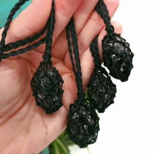 Apache Tear Obsidian Necklace, Raw Crystal Macrame Cage Pendant, Adjustable Jewelry for Protection, Empath Gift For Energy Healing