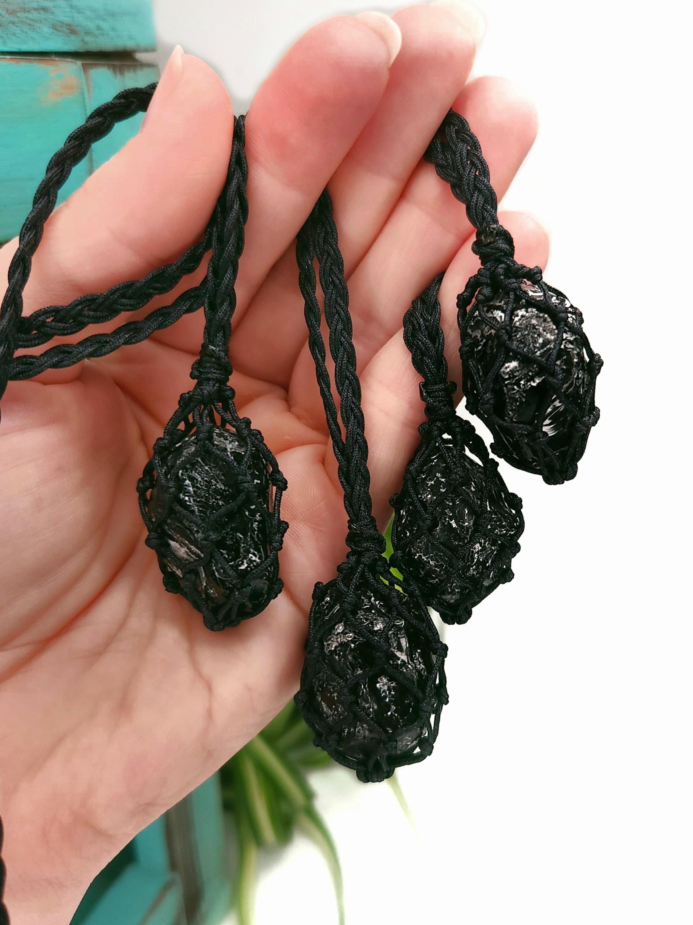 Apache Tear Obsidian Necklace, Raw Crystal Macrame Cage Pendant, Adjustable Jewelry For Protection, Empath Gift For Energy Healing Apache Tear Obsidian Necklace, Raw Crystal Macrame Cage Pendant, Adjustable Jewelry For Protection, Empath Gift For Energy Healing