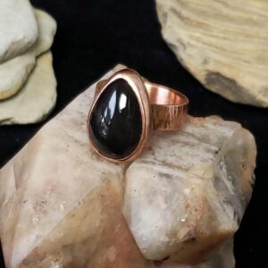 Colorado Apache Tear Obsidian and Forged Copper Statement Ring