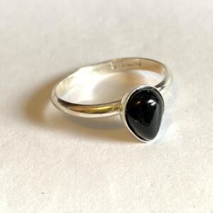 Apache Tears Ring solid 925 Sterling Silver obsidian teardrop 8x6 mm on 2mm band - protection grief consolation meditation comfort