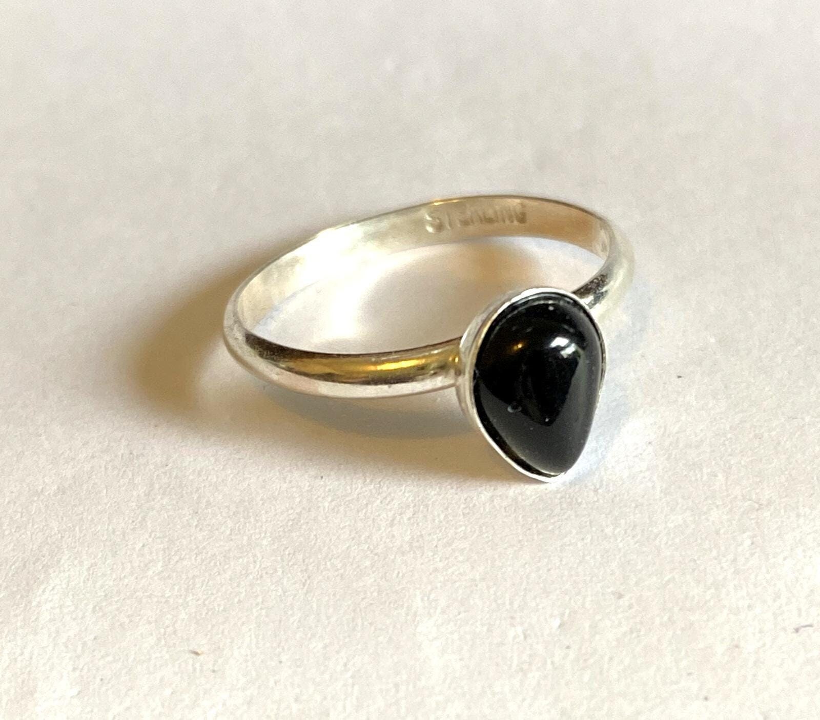 Apache Tears Ring Solid 925 Sterling Silver Obsidian Teardrop 8x6 Mm On 2mm Band - Protection Grief Consolation Meditation Comfort