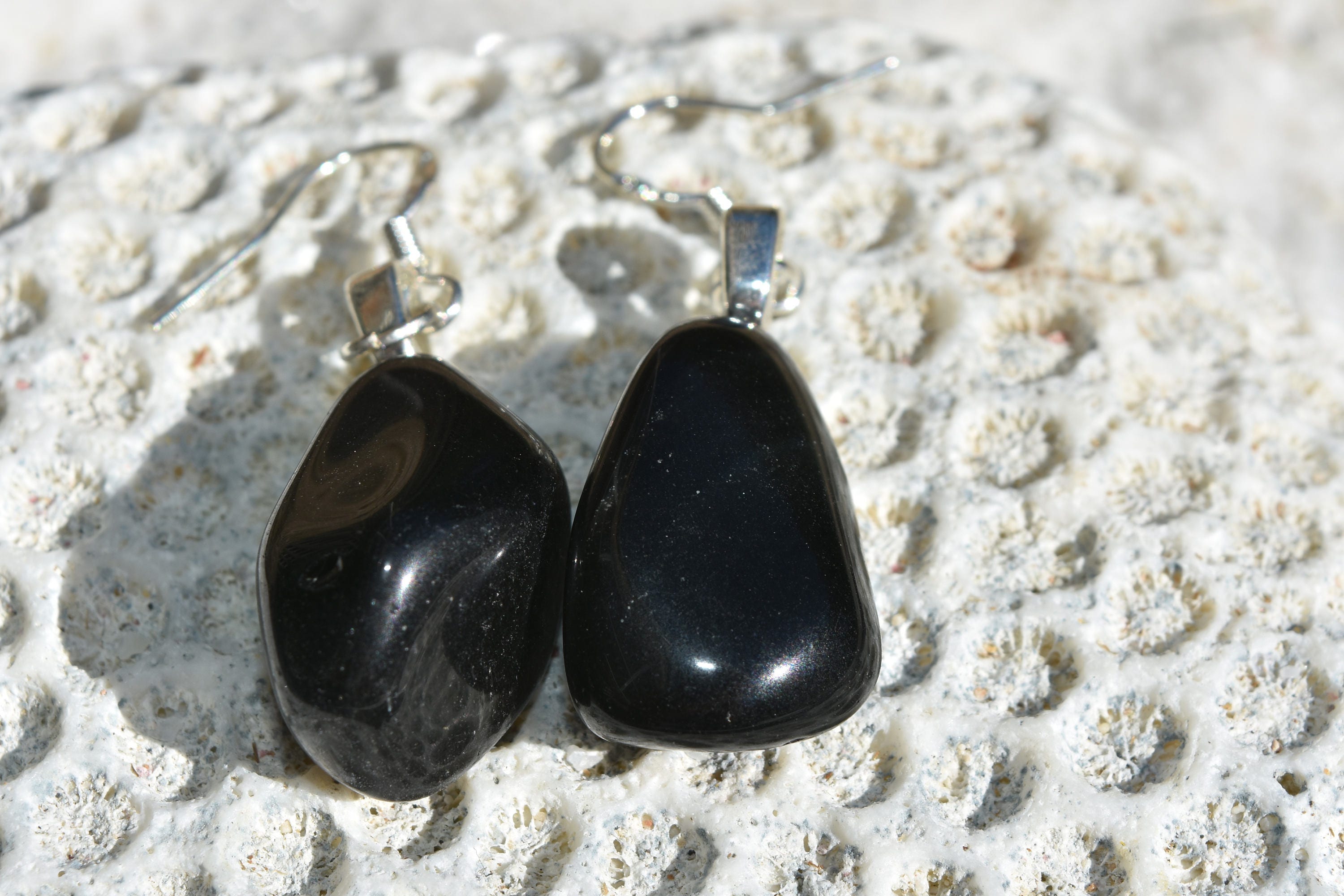 Custom Tumbled Apache Tears Stone Dangling Earrings - 1 Set